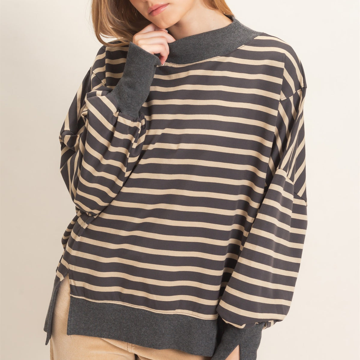 Striped Mock Neck Sweatshirt