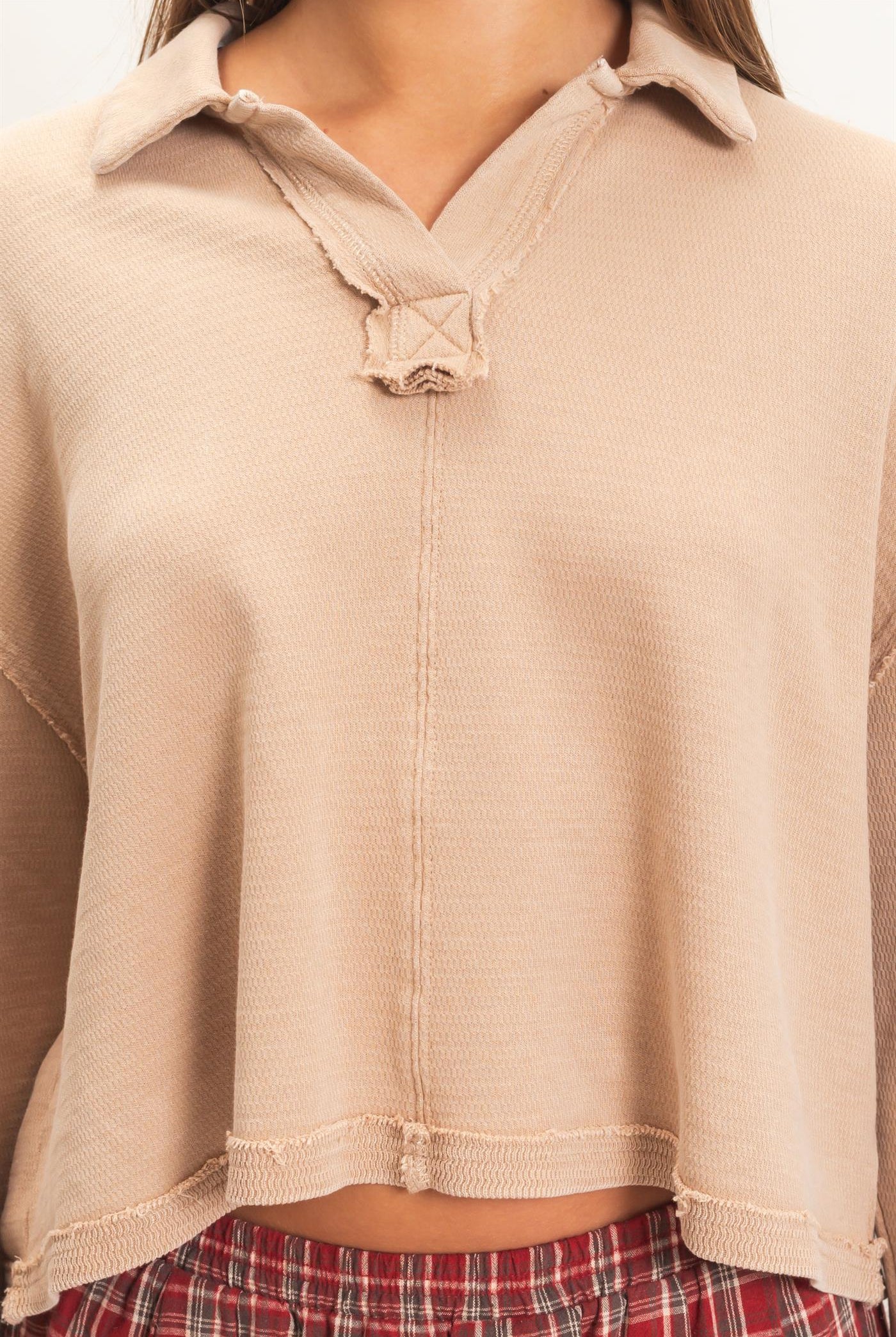 Wholesale Mineral Wash Textured Collar Top Polos DZ26E814 DARK TAUPE DOUBLE ZERO