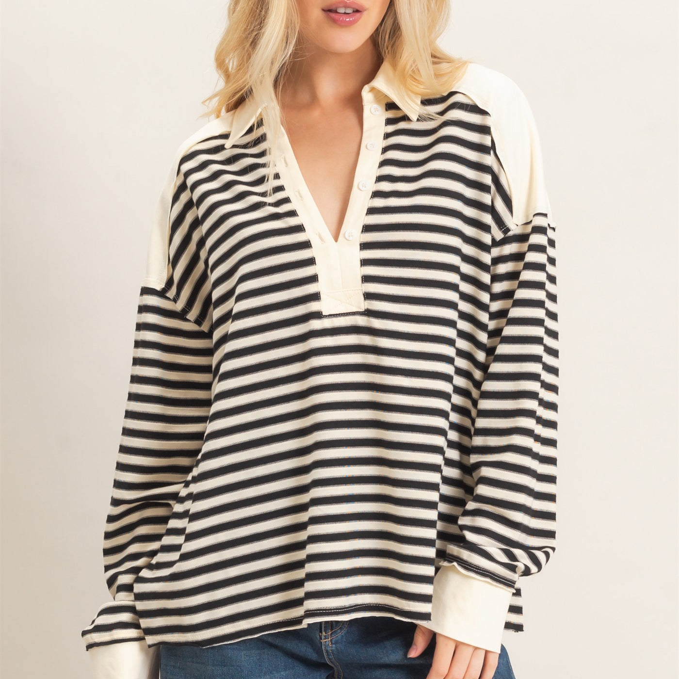 Wholesale Striped Henley Sweatshirt Clothing Tops HF26F089 BLACK HYFVE