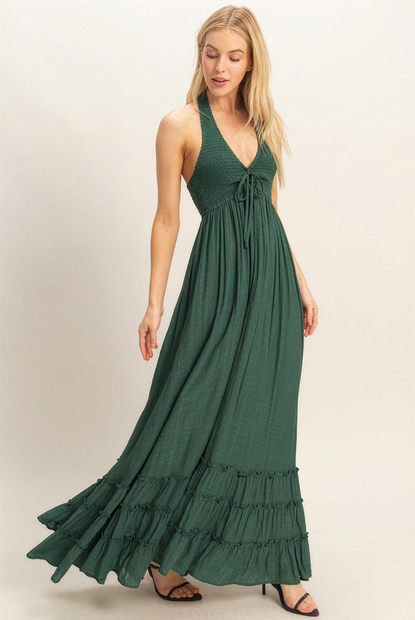 Wholesale Halter Neck Smocked Maxi Dress Dresses HF26C287-D HUNTER GREEN HYFVE