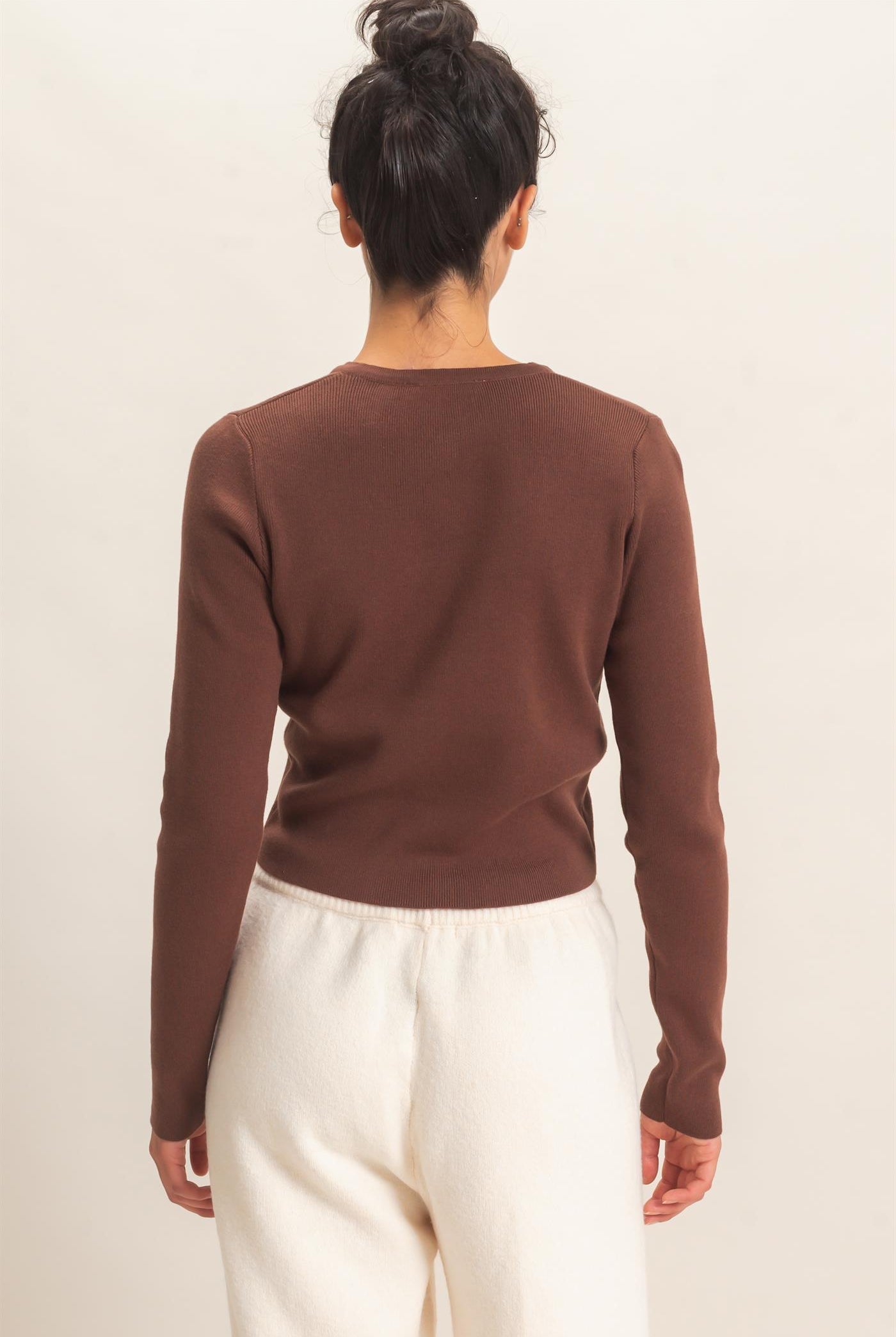 Wholesale Ribbed Crew Neck Cardigan Cardigans DZ27A153 DARK BROWN DOUBLE ZERO