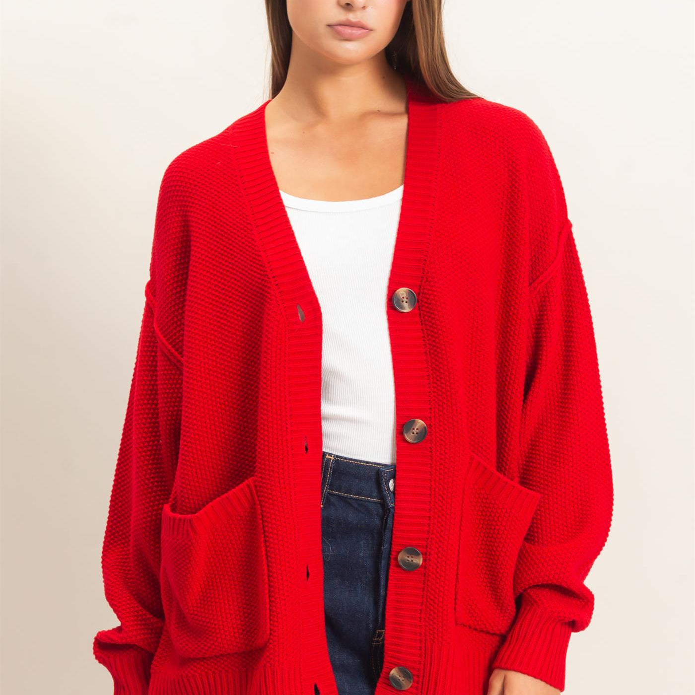 Wholesale Textured Oversized Knit Buttoned Cardigan Cardigans DZ26C971 RED DOUBLE ZERO
