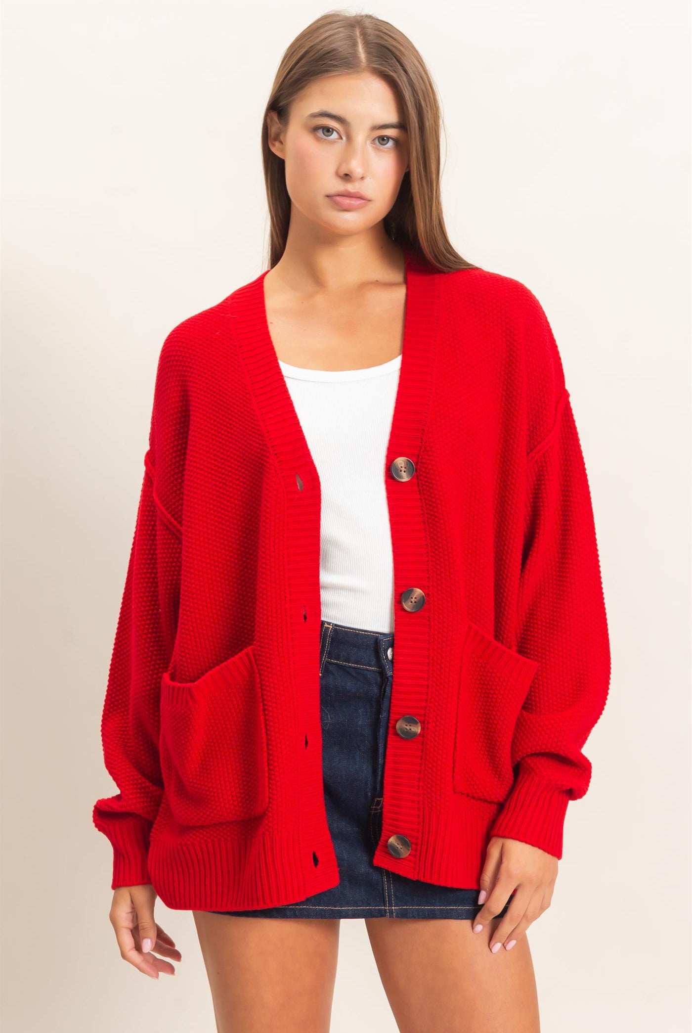 Wholesale Textured Oversized Knit Buttoned Cardigan Cardigans DZ26C971 RED DOUBLE ZERO
