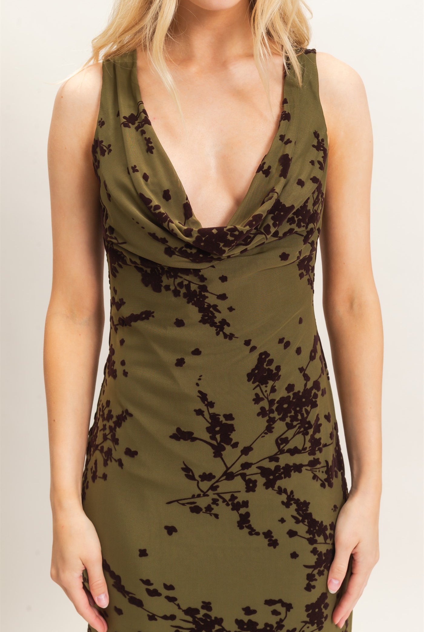 Wholesale Draped Cowl Neck Sleeveless Dress Dresses HF26C728 OLIVE HYFVE