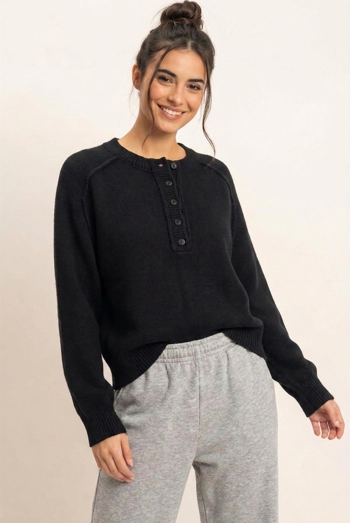 Wholesale Henley Sweater With Reverse Seams Sweaters DZ26F004 BLACK DOUBLE ZERO