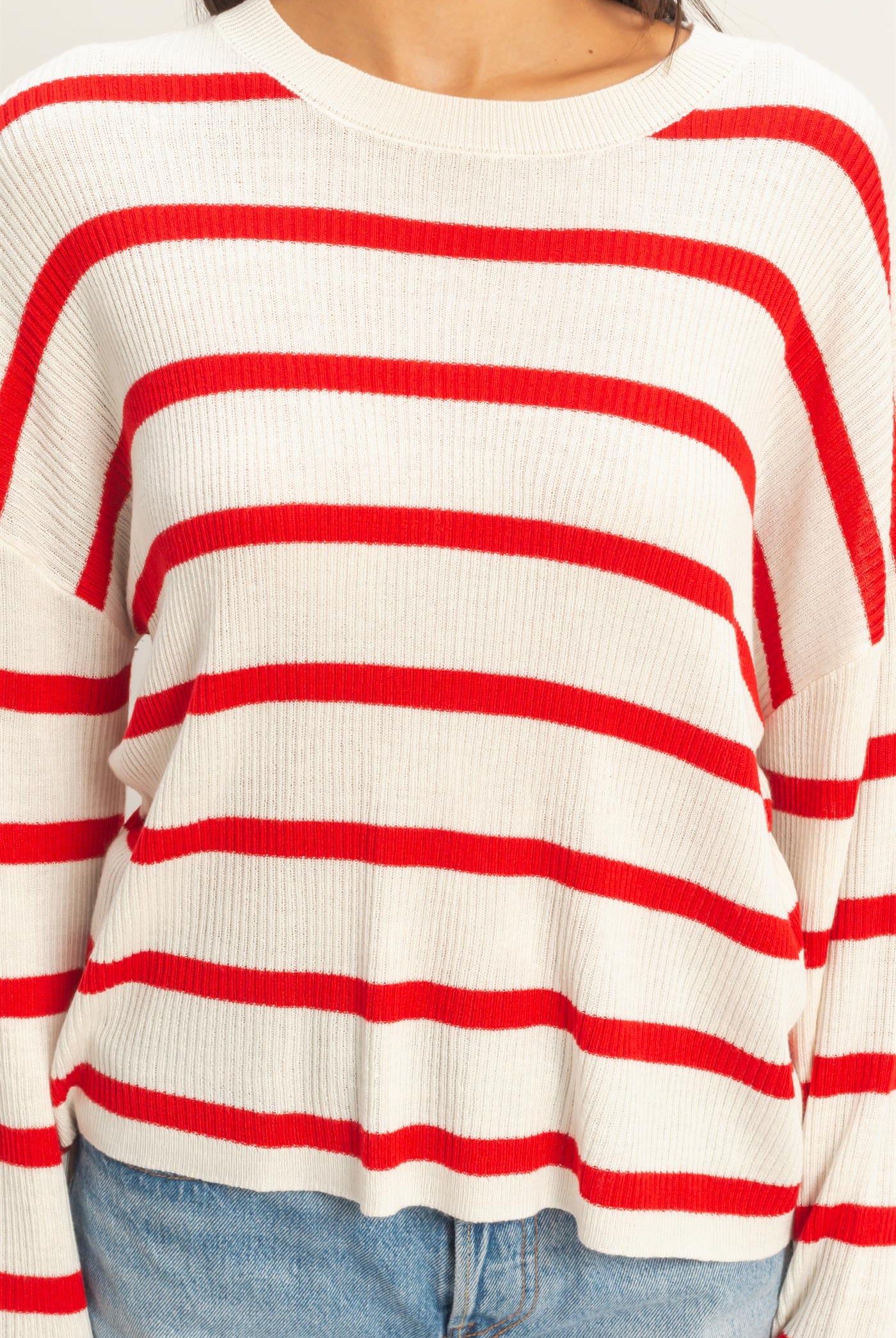 Wholesale Lightweight Wide-Sleeve Striped Sweater Clothing Tops DZ26A329 RED DOUBLE ZERO
