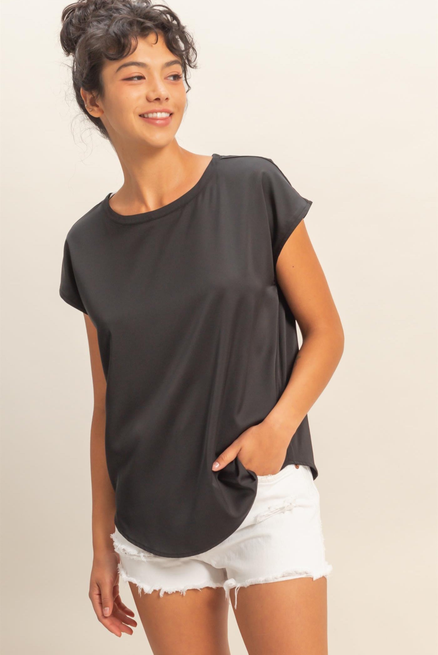 Wholesale Satin Dolman Sleeve Round Neck Blouse Clothing Tops DZ26C181 BLACK DOUBLE ZERO