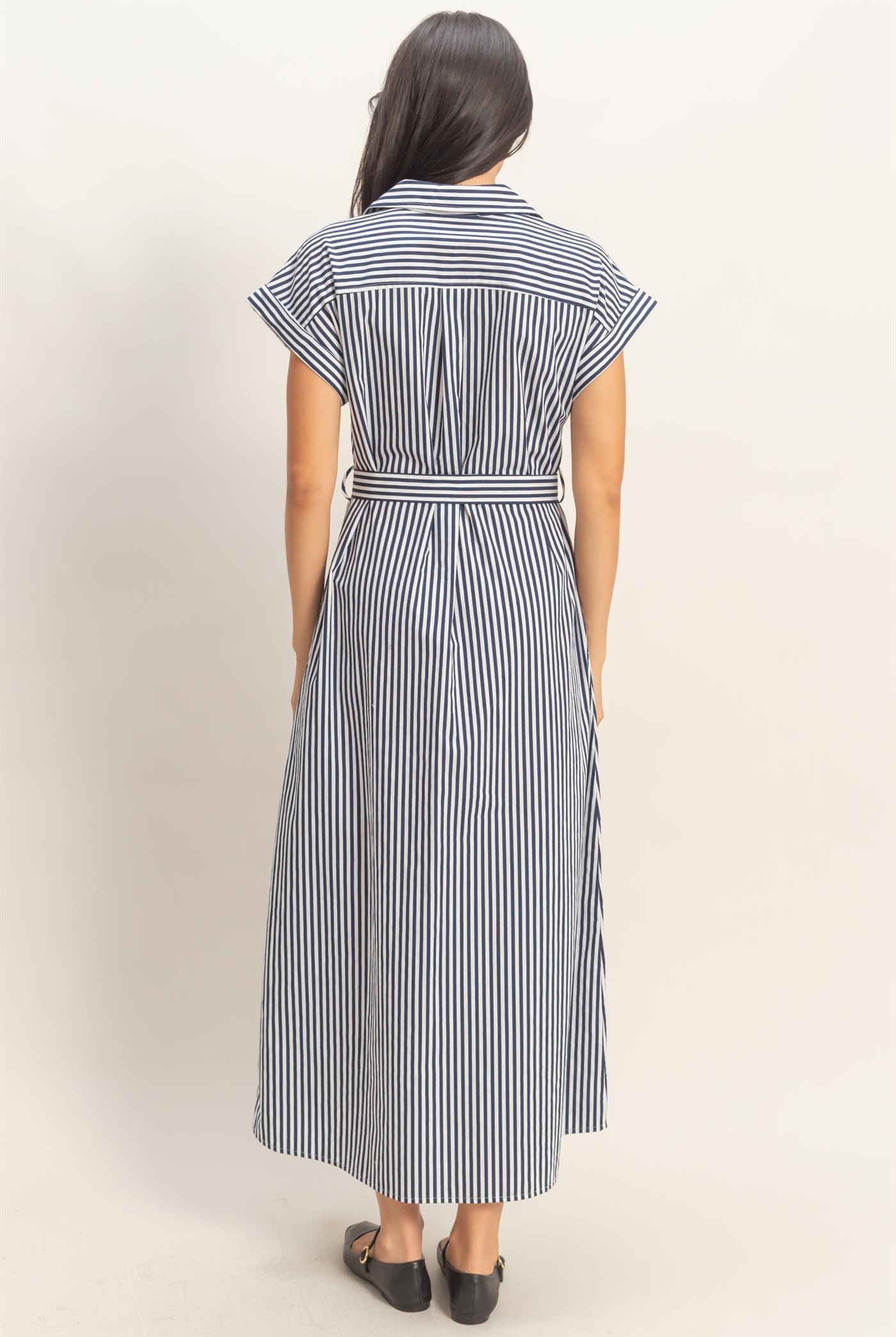 Wholesale Striped Poplin Belted Shirt Dress With Pockets Dresses DZ26C129 NAVY DOUBLE ZERO