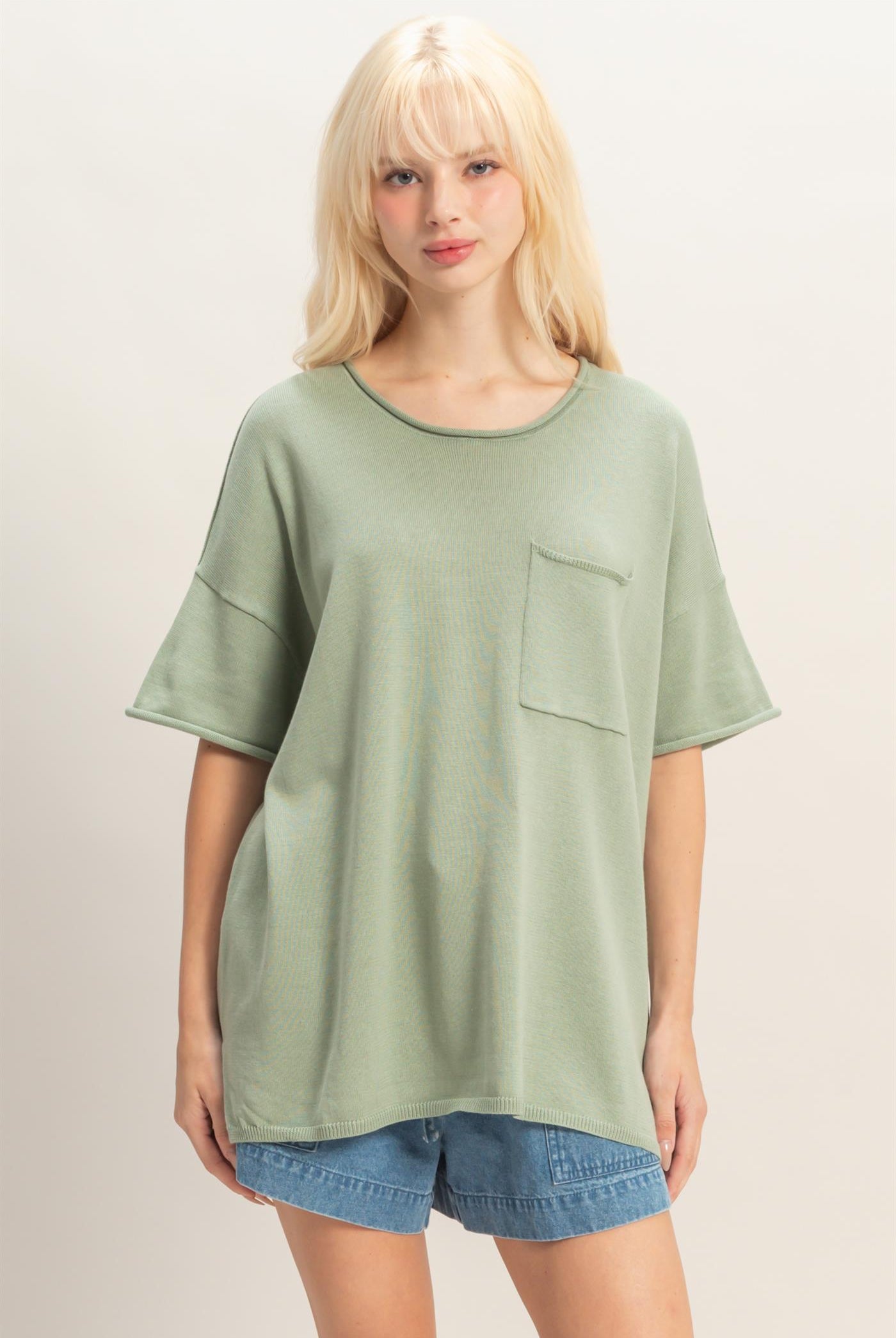 Wholesale Oversized Short Sleeve Round Neck Pocket Knit Top Clothing Tops DZ26A691 SAGE GREEN DOUBLE ZERO