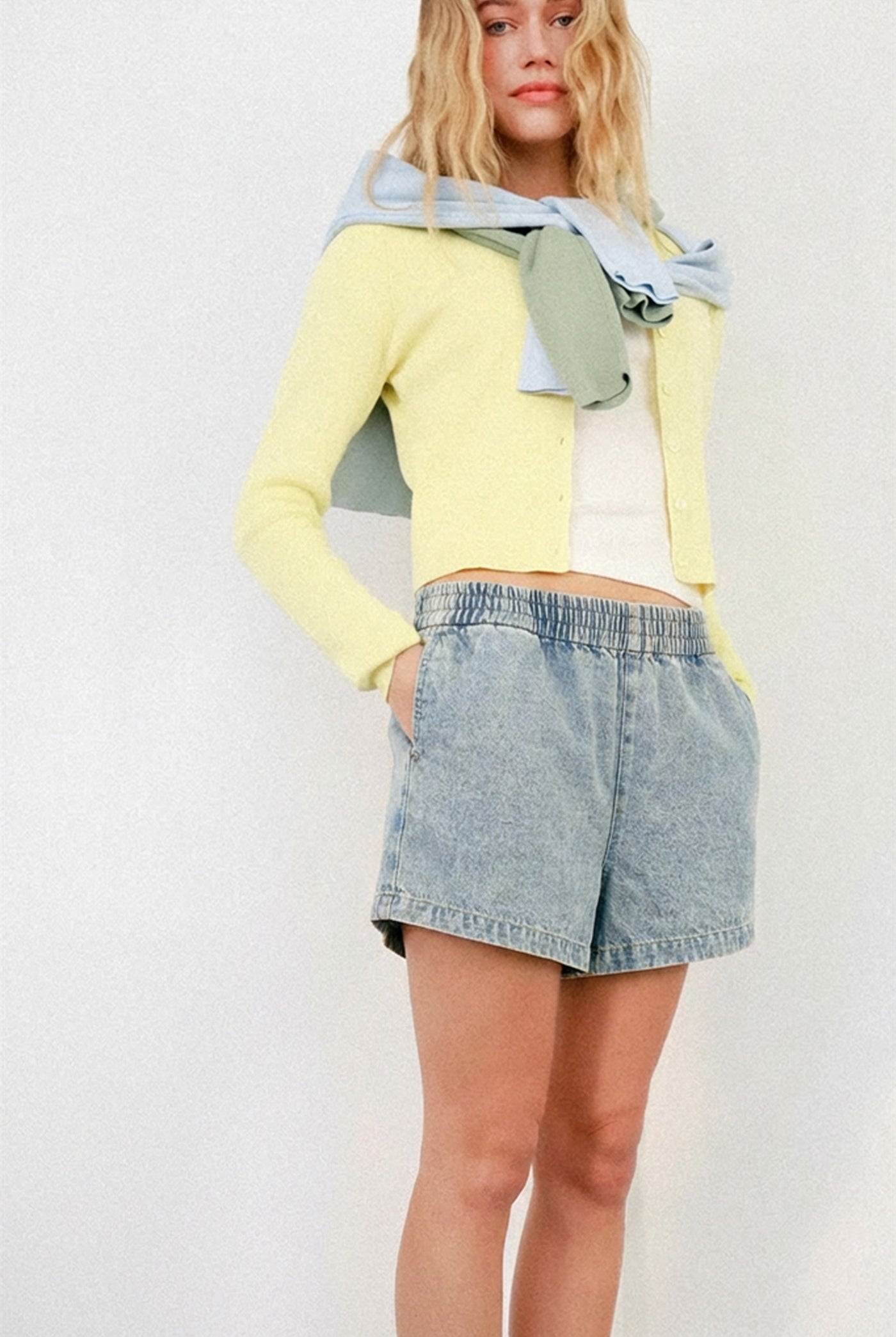 Wholesale Elastic Waist Mineral Wash Denim Shorts Shorts DZ26C195 LIGHT BLUE DOUBLE ZERO