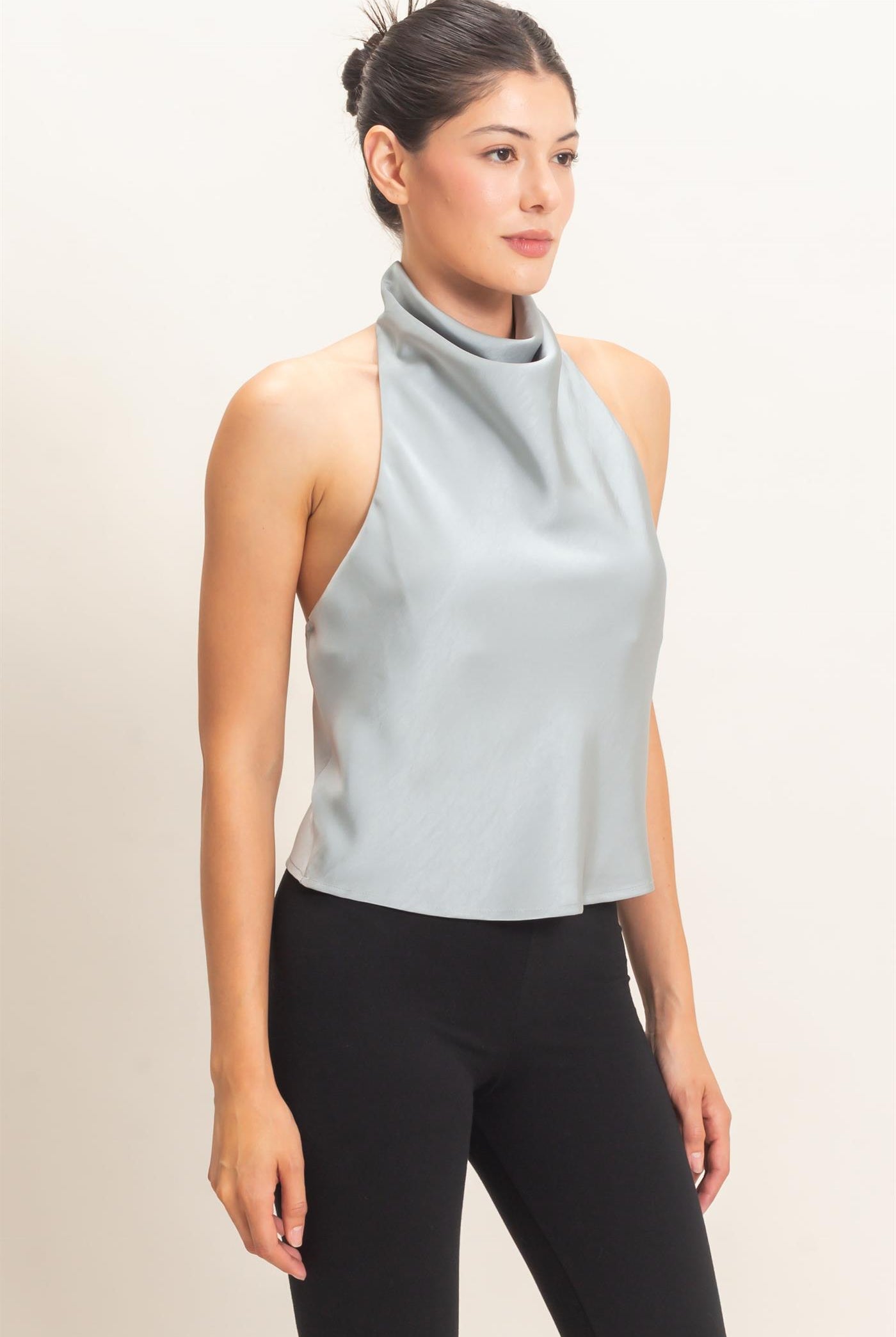 Wholesale Draped Halter Satin Top Blouses HF26E632 MISTY BLUE HYFVE
