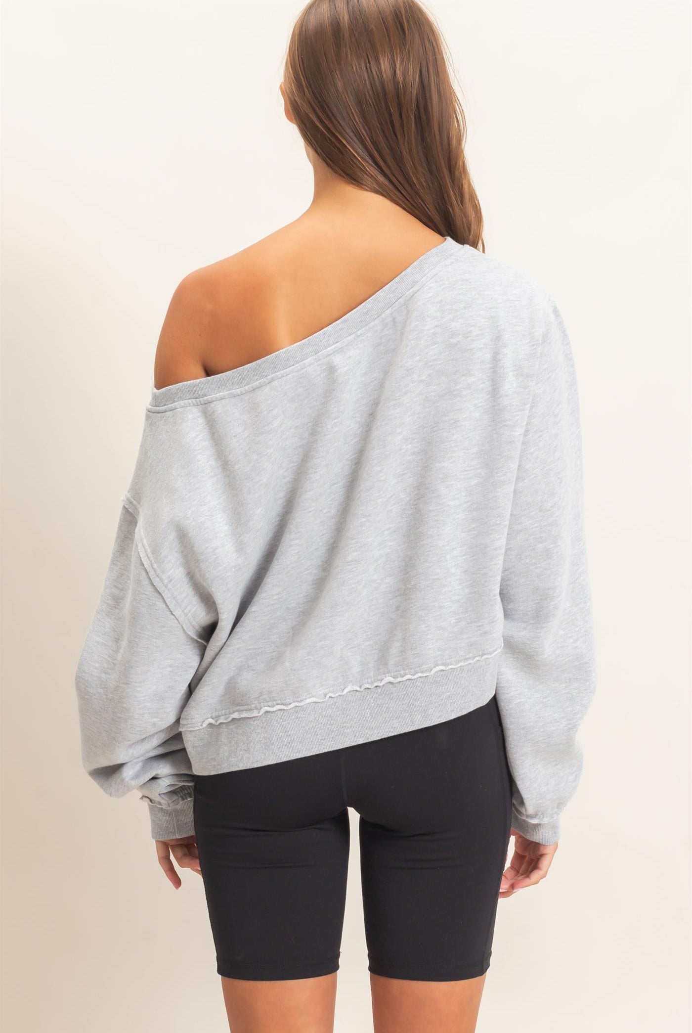 Wholesale Raw Edge Acid Wash Off The Shoulder Sweatshirt Sweatshirts DZ26F013 HEATHER GRAY DOUBLE ZERO