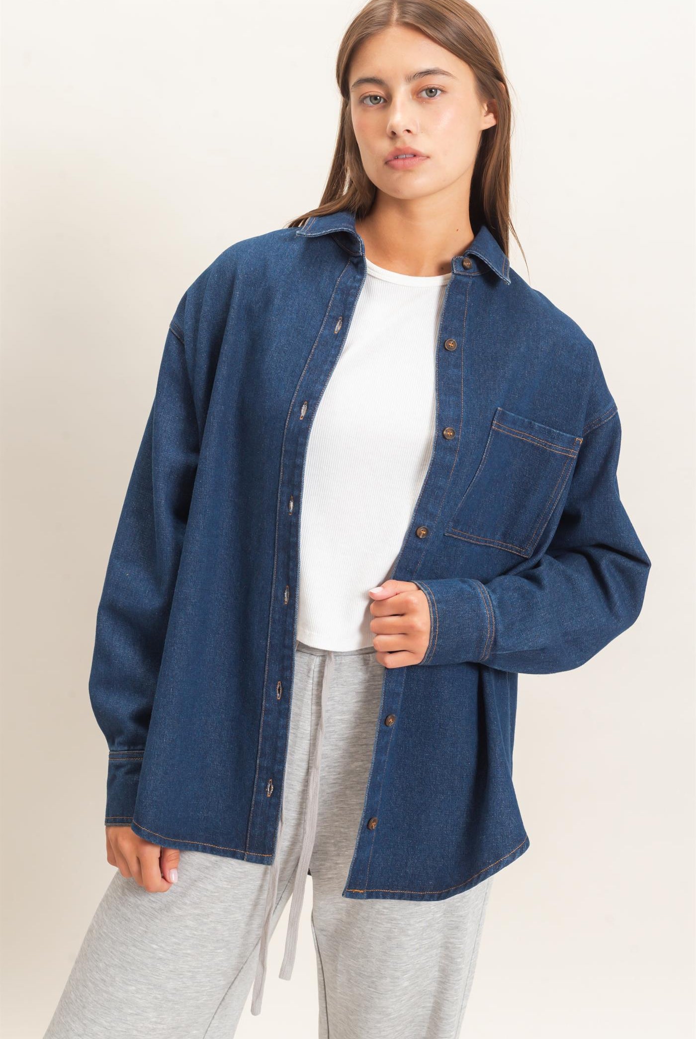 Wholesale Denim Button-Up Collar Shirt Clothing Tops DZ26F410 DARK BLUE DOUBLE ZERO