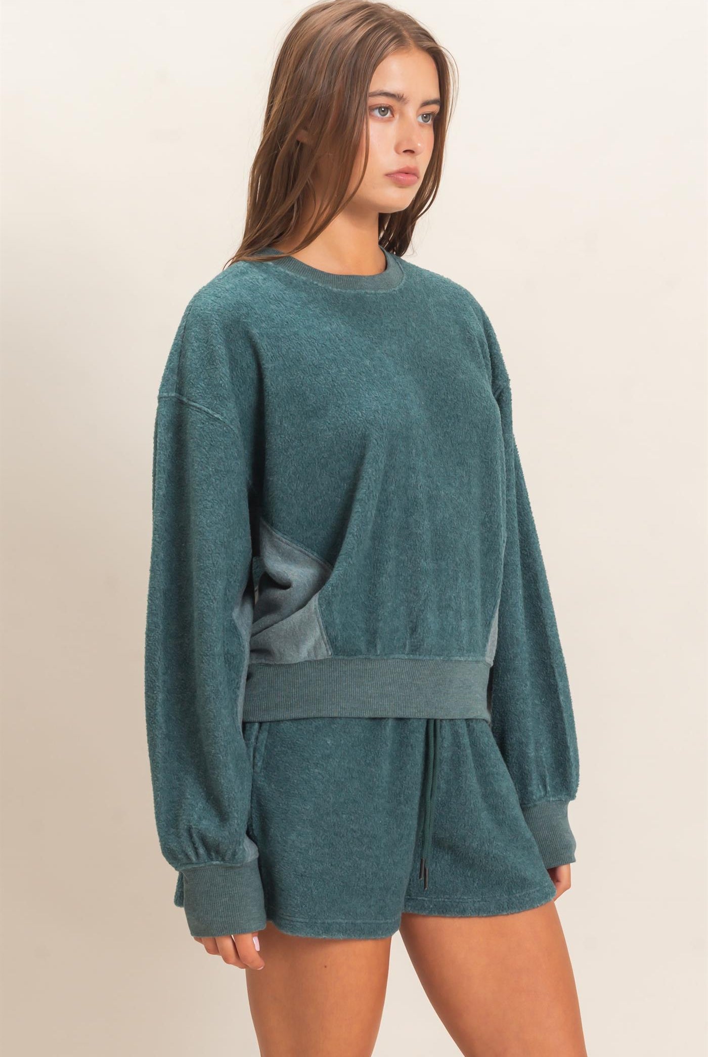 Wholesale Contrast Sweatshirt & Shorts Set Clothing DZ25F478-SET DARK TEAL DOUBLE ZERO