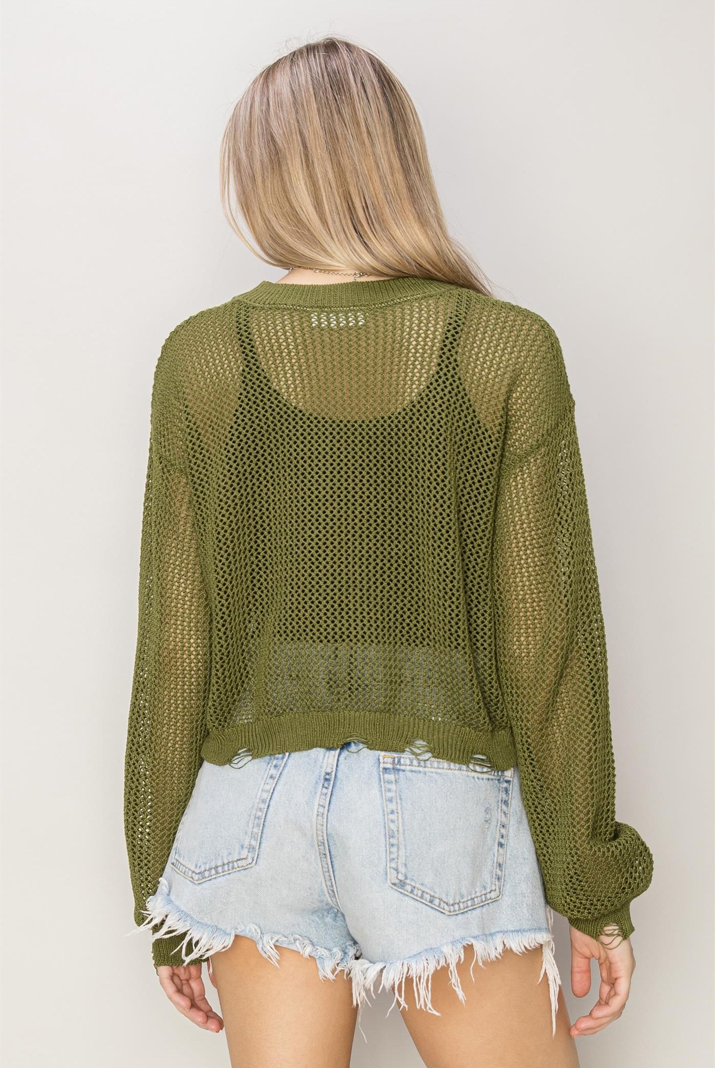 Wholesale Distressed Knit Sweater Clothing Tops DZ24C038 MOSS DOUBLE ZERO