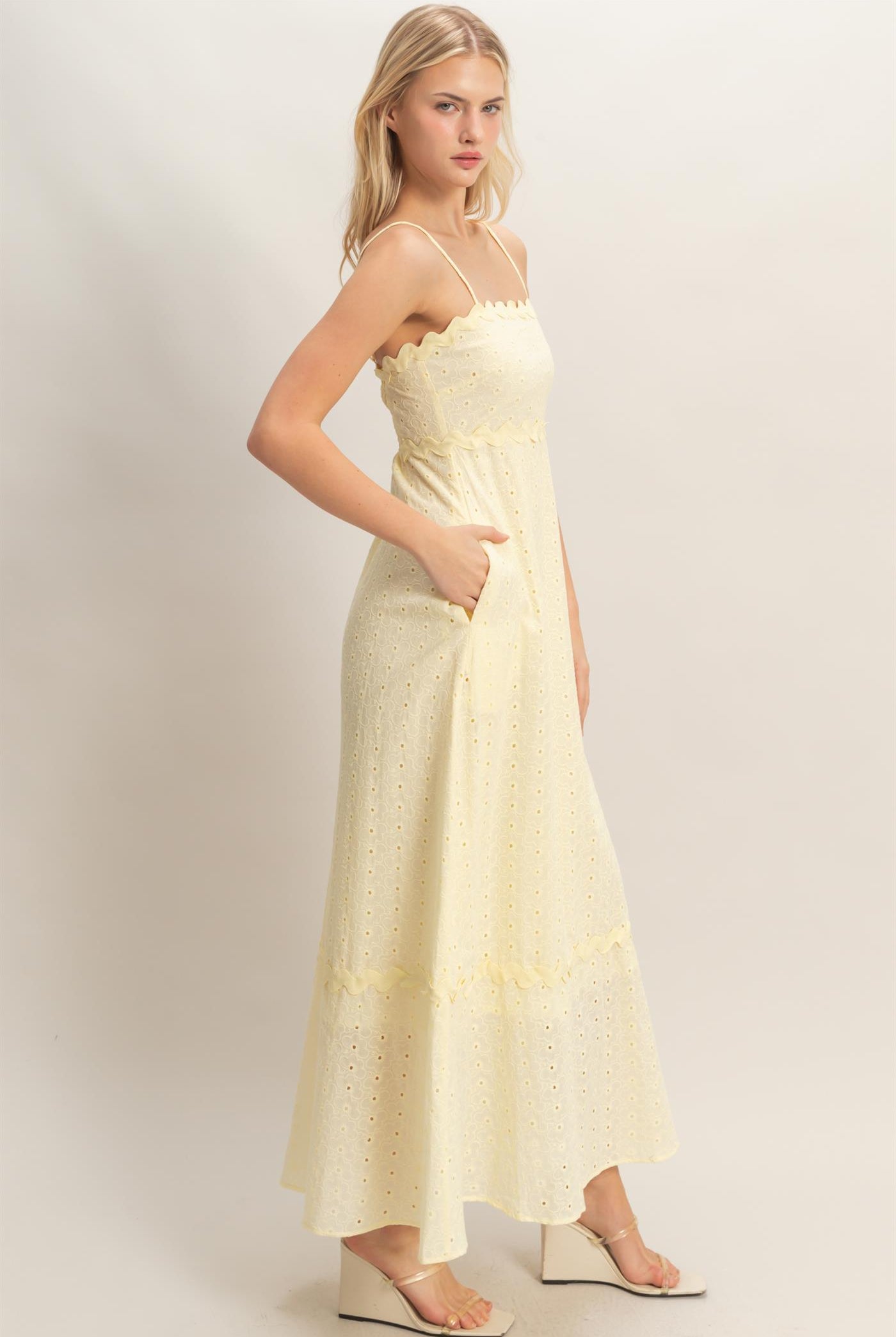 Wholesale Scallop Trim Eyelet Midi Dress Dresses HF26A694 BUTTER YELLOW HYFVE