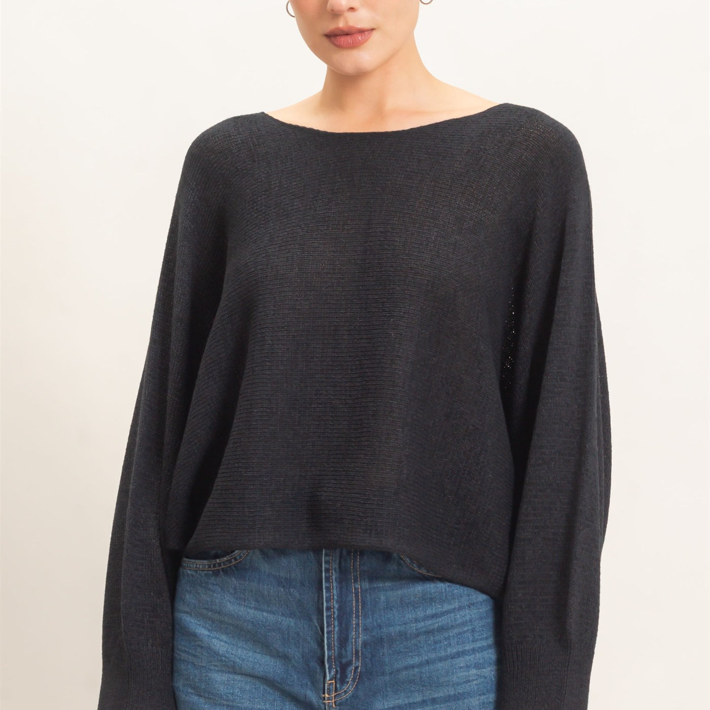 Wholesale Loose Knit Boat Neck Sweater Sweaters HF26E896 BLACK HYFVE