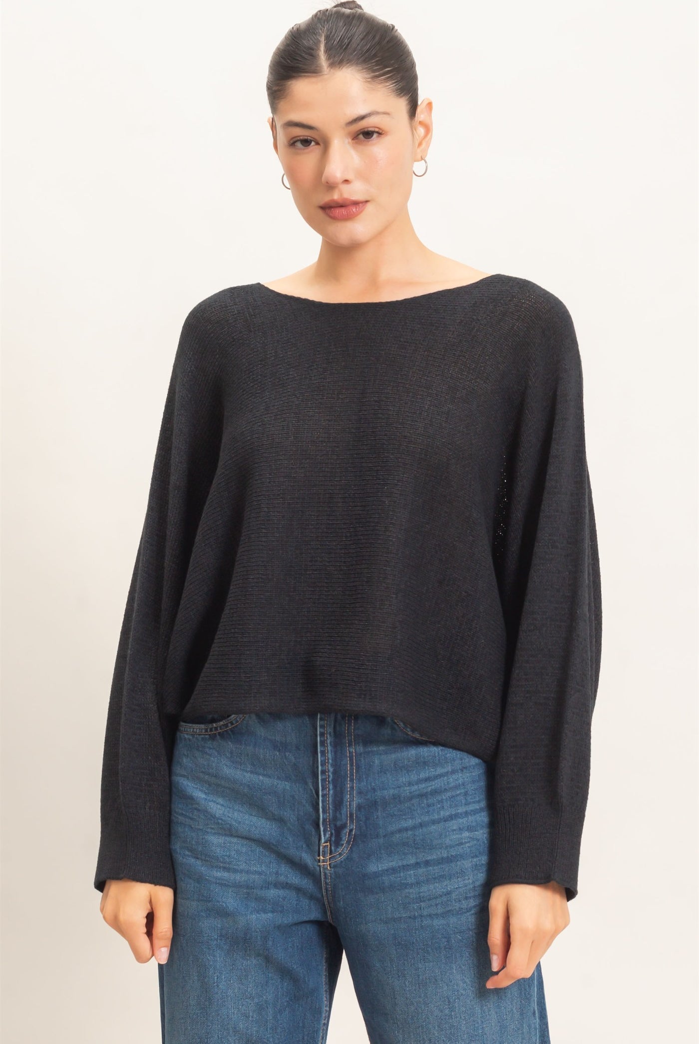 Wholesale Loose Knit Boat Neck Sweater Sweaters HF26E896 BLACK HYFVE