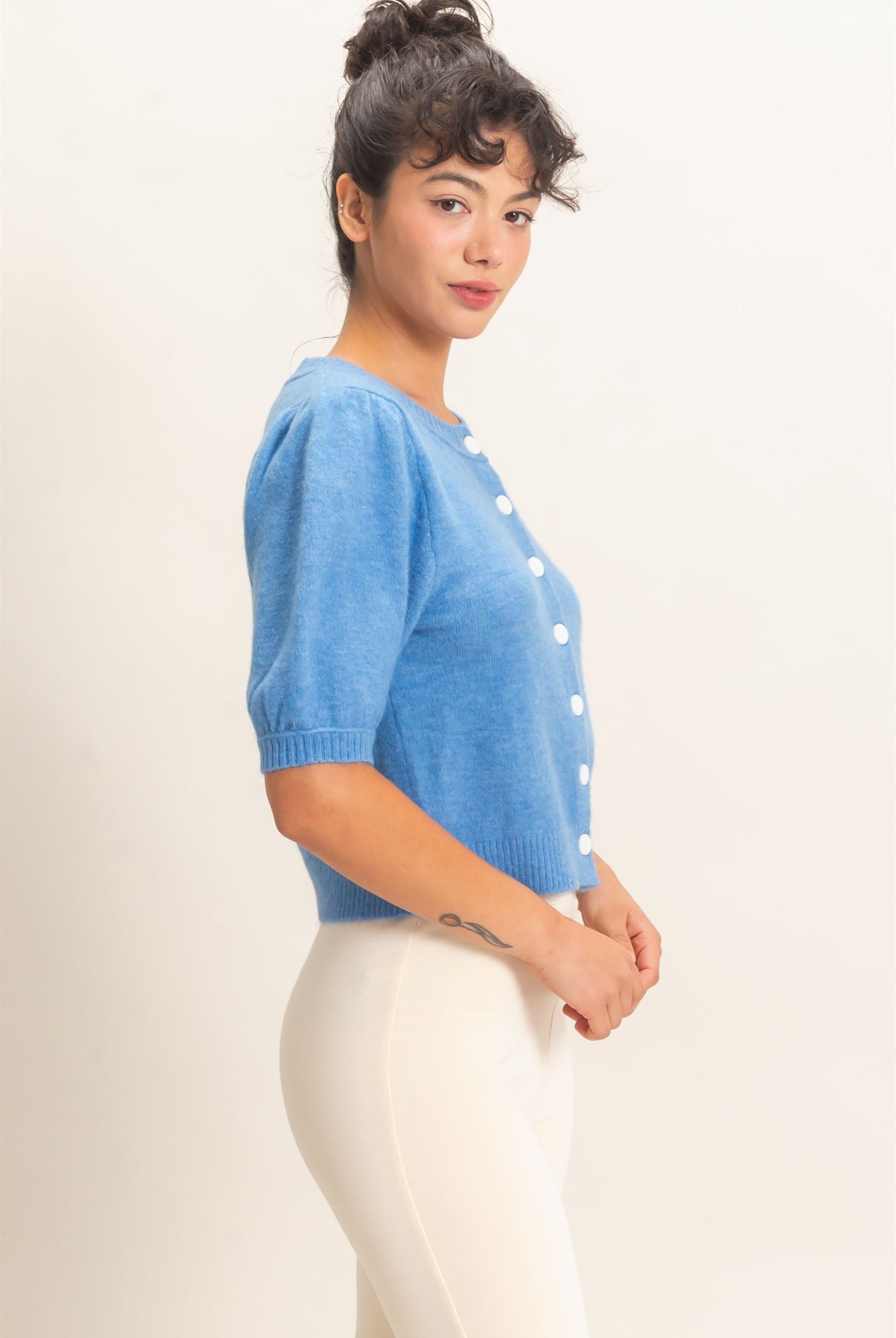 Wholesale Button Front Puff Short Sleeve Cardigan Cardigans DZ26C960 BLUE DOUBLE ZERO