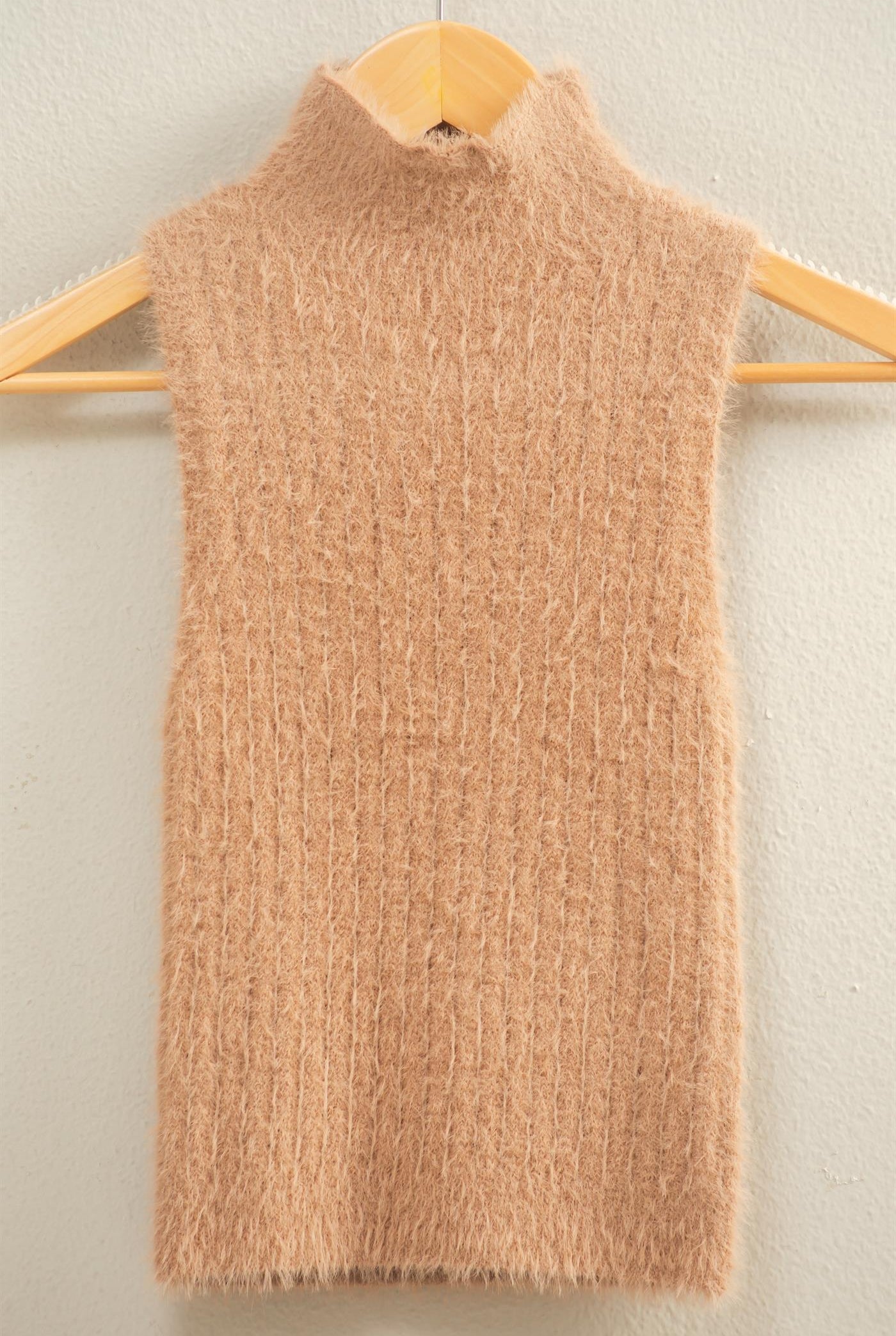 Wholesale Ribbed Sleeveless High Neck Knit Top Clothing Tops DZ25F113 DARK TAUPE HYFVE