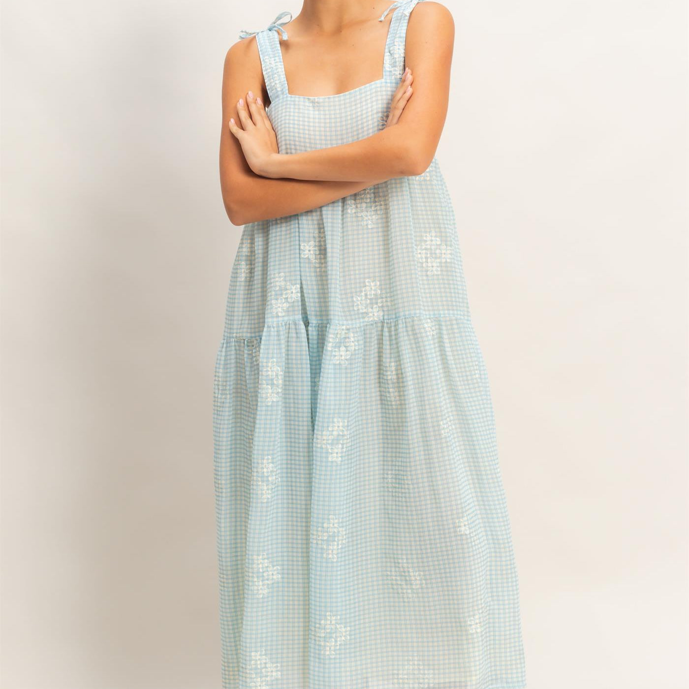 Wholesale Tiered Gingham Dress With Embroidery Dresses HF26A695 BLUE HYFVE