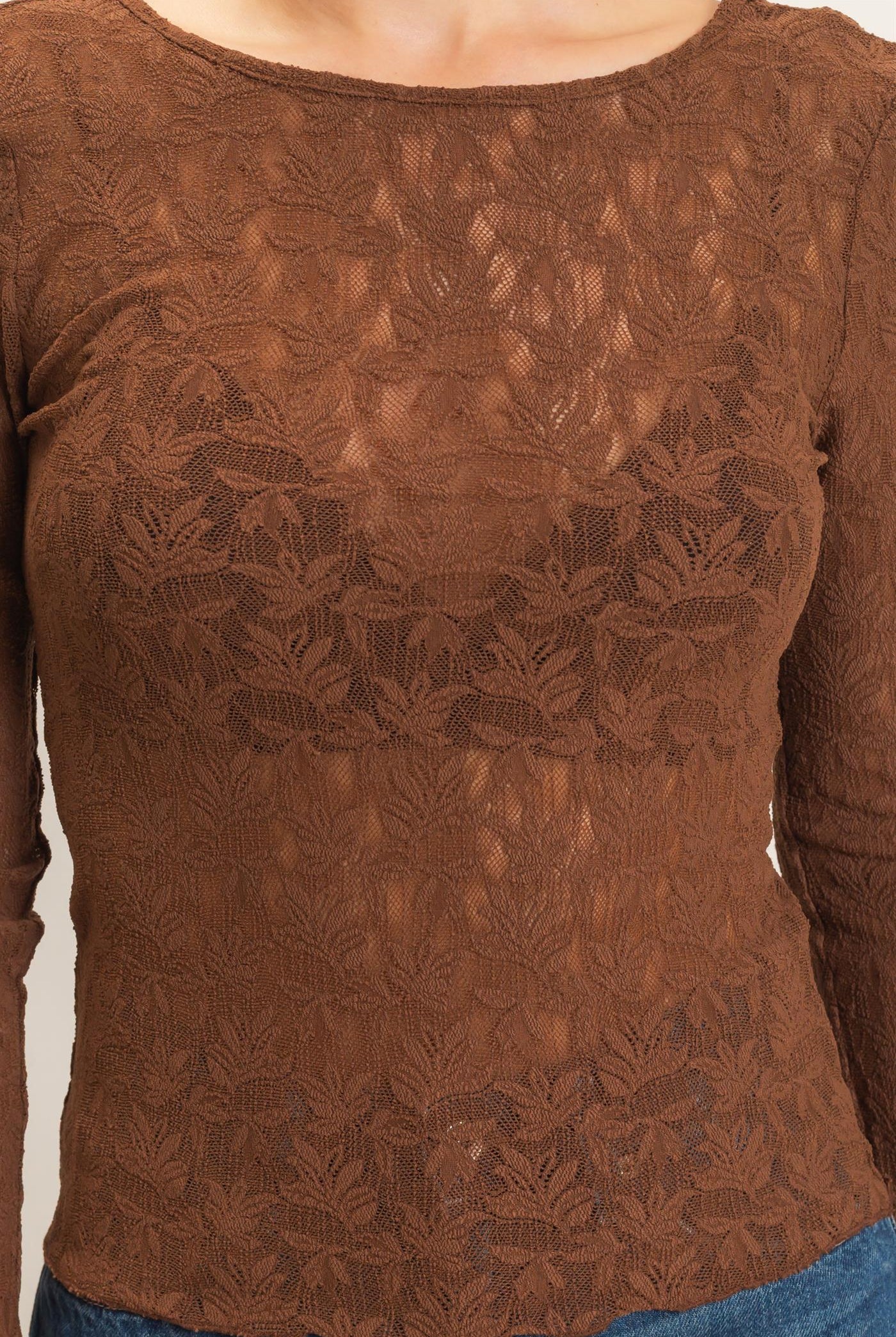 Wholesale Floral Lace Long Sleeve Top Clothing Tops HF26E309 BROWN HYFVE