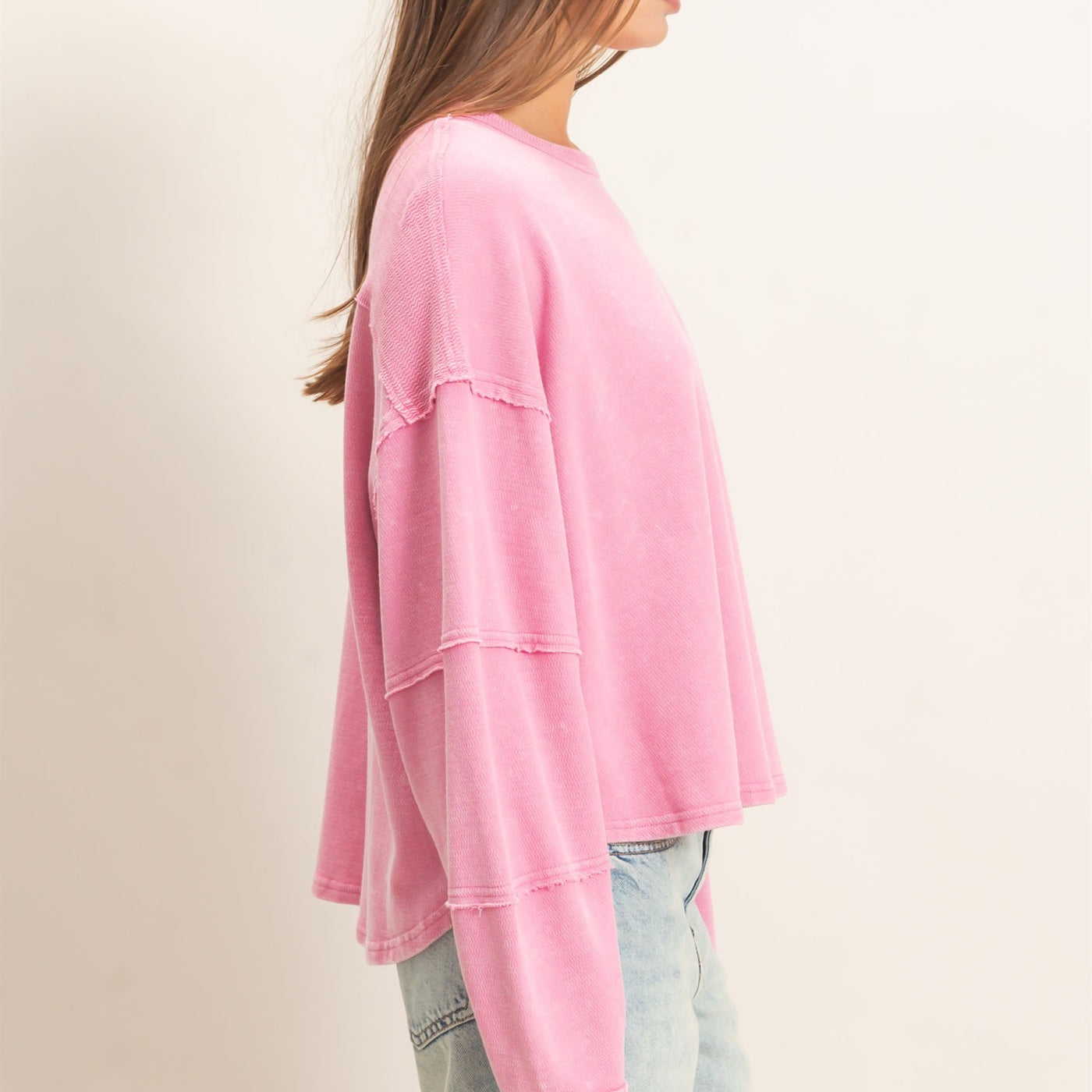 Wholesale Mineral Wash Overzised Raw Edge Crew Neck Top Clothing Tops DZ26E449 PINK DOUBLE ZERO