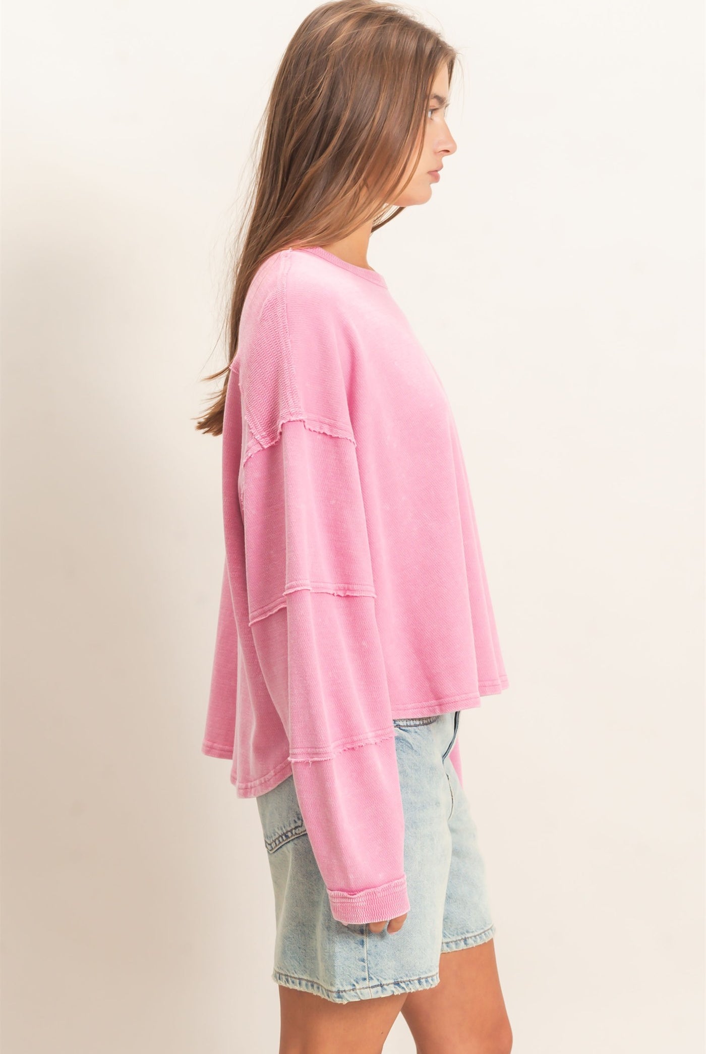 Wholesale Mineral Wash Overzised Raw Edge Crew Neck Top Clothing Tops DZ26E449 PINK DOUBLE ZERO