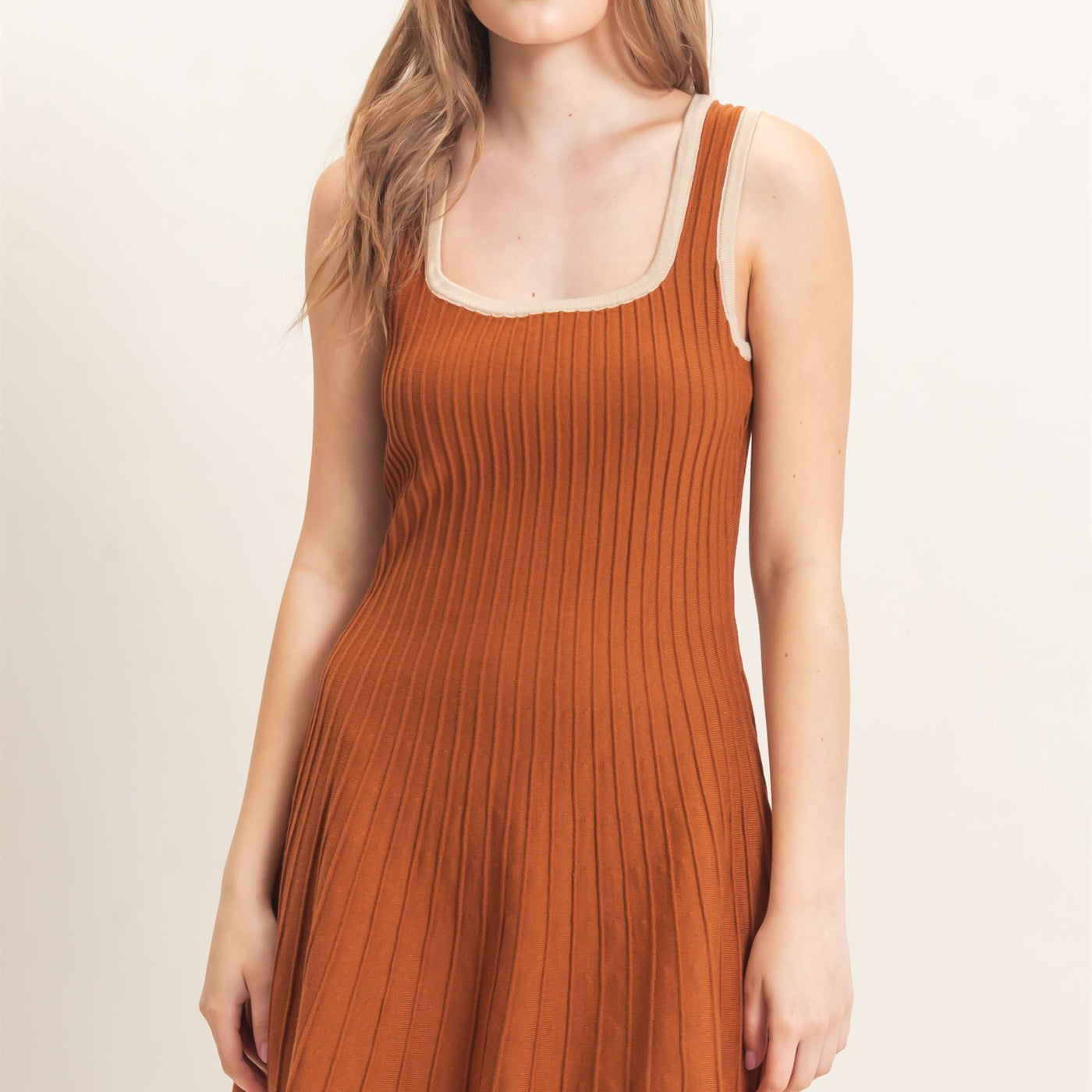 Wholesale Ribbed Square Neck Mini Dress Dresses HF26F213 BROWN HYFVE