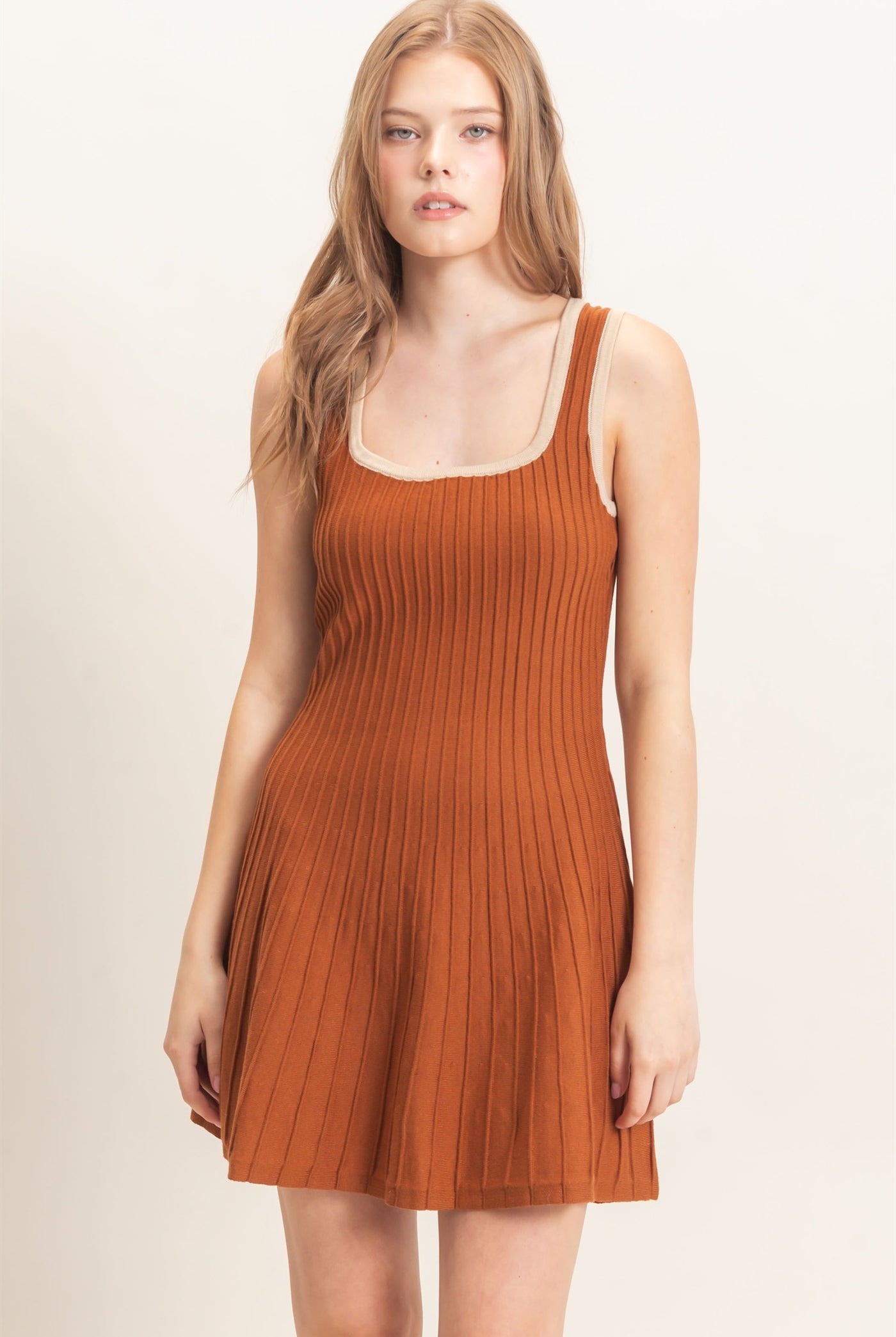 Wholesale Ribbed Square Neck Mini Dress Dresses HF26F213 BROWN HYFVE
