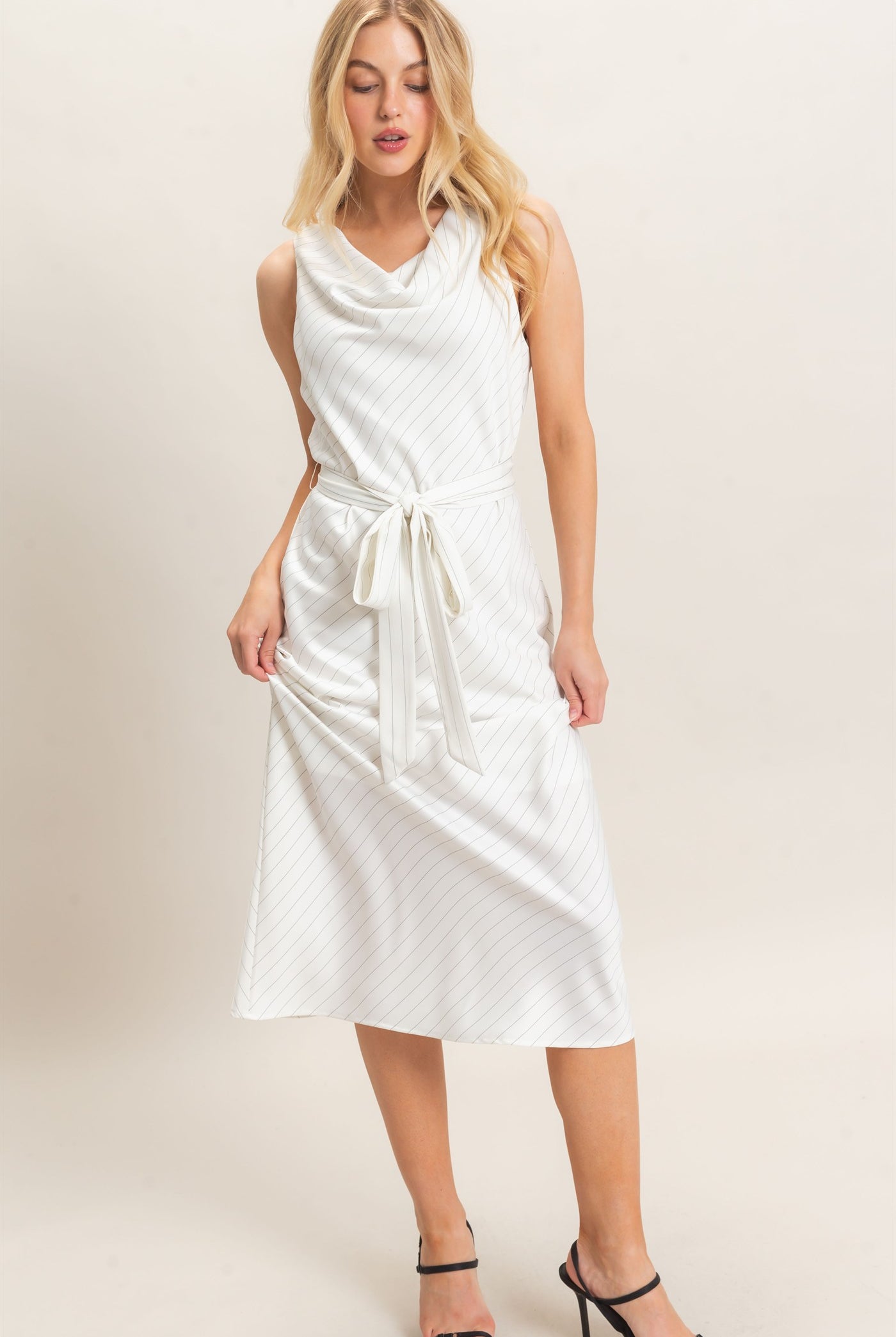Wholesale Cowl Neck Sleeveless Belted Dress Dresses HF25E739 WHITE HYFVE