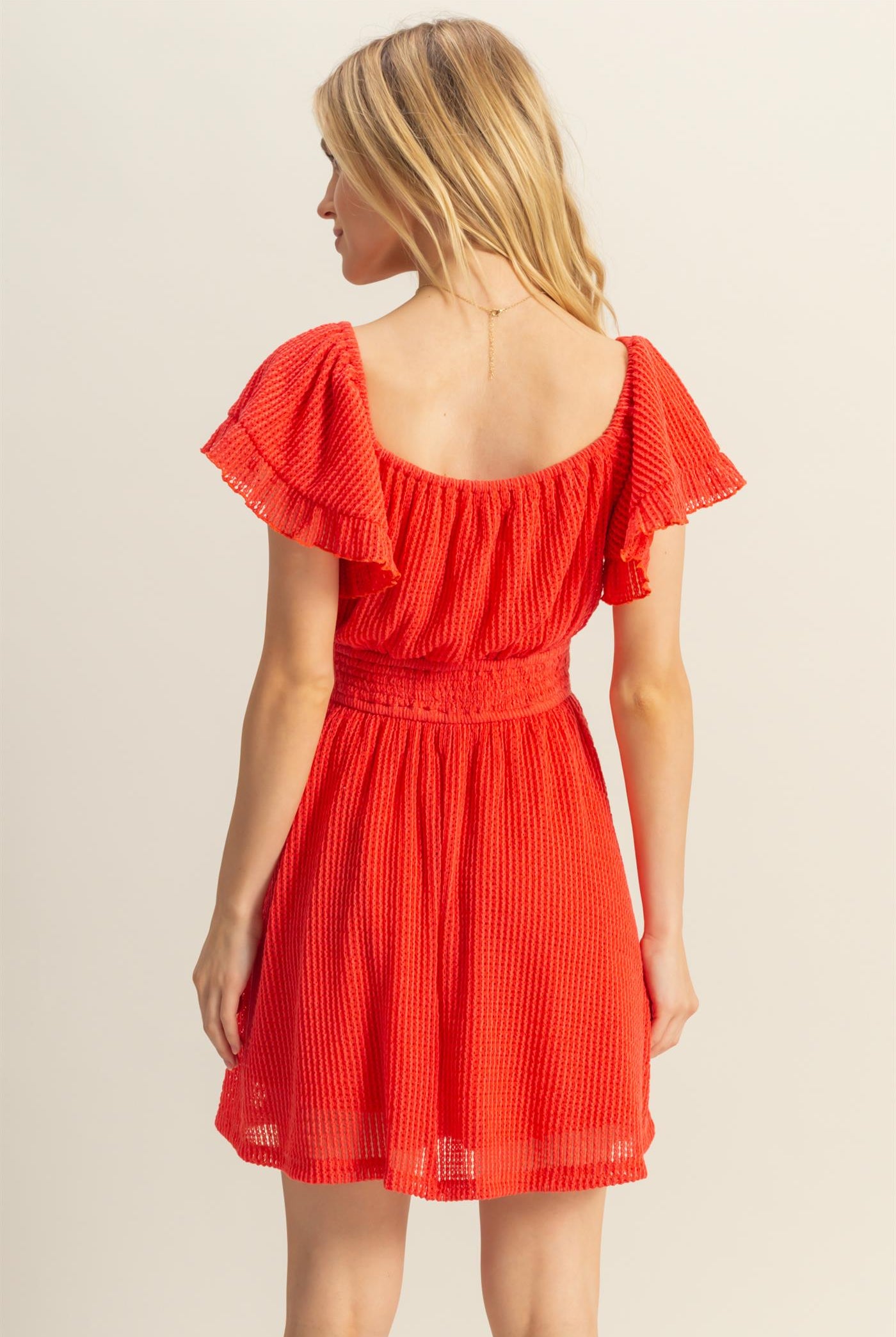 Wholesale Crochet Off-The-Shoulder Mini Dress Dresses HF25E125 CORAL HYFVE