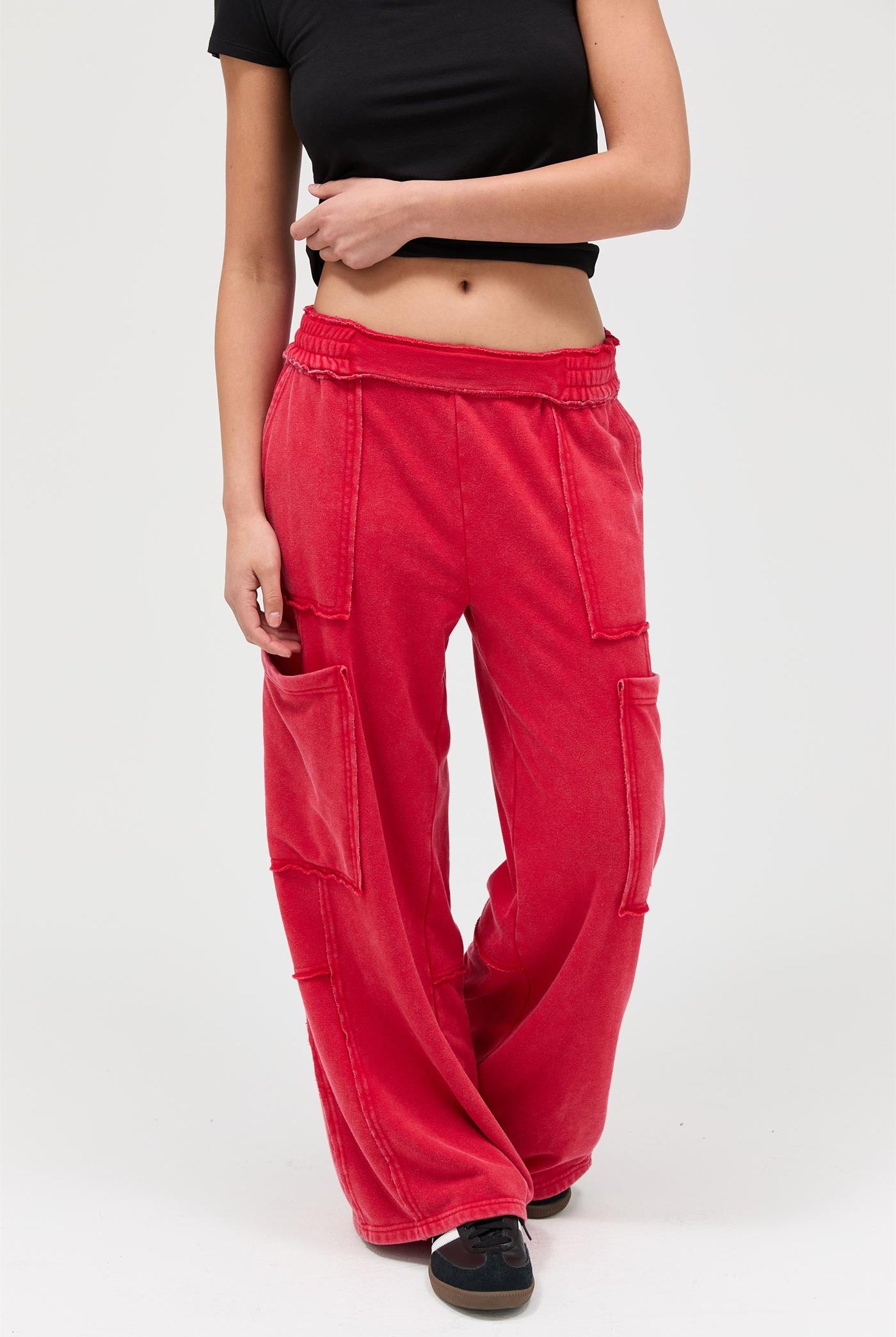 Wholesale Mineral Wash Wide Leg Cargo Pants Pants DZ26A256 RED DOUBLE ZERO