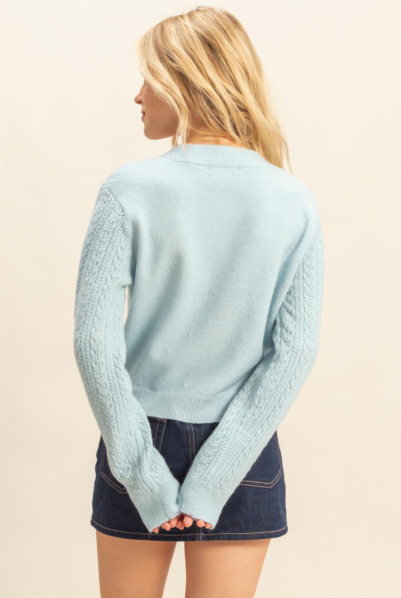 Wholesale Buttoned Cable Knit Sweater Cardigans HF25E396 L.BLUE DOUBLE ZERO