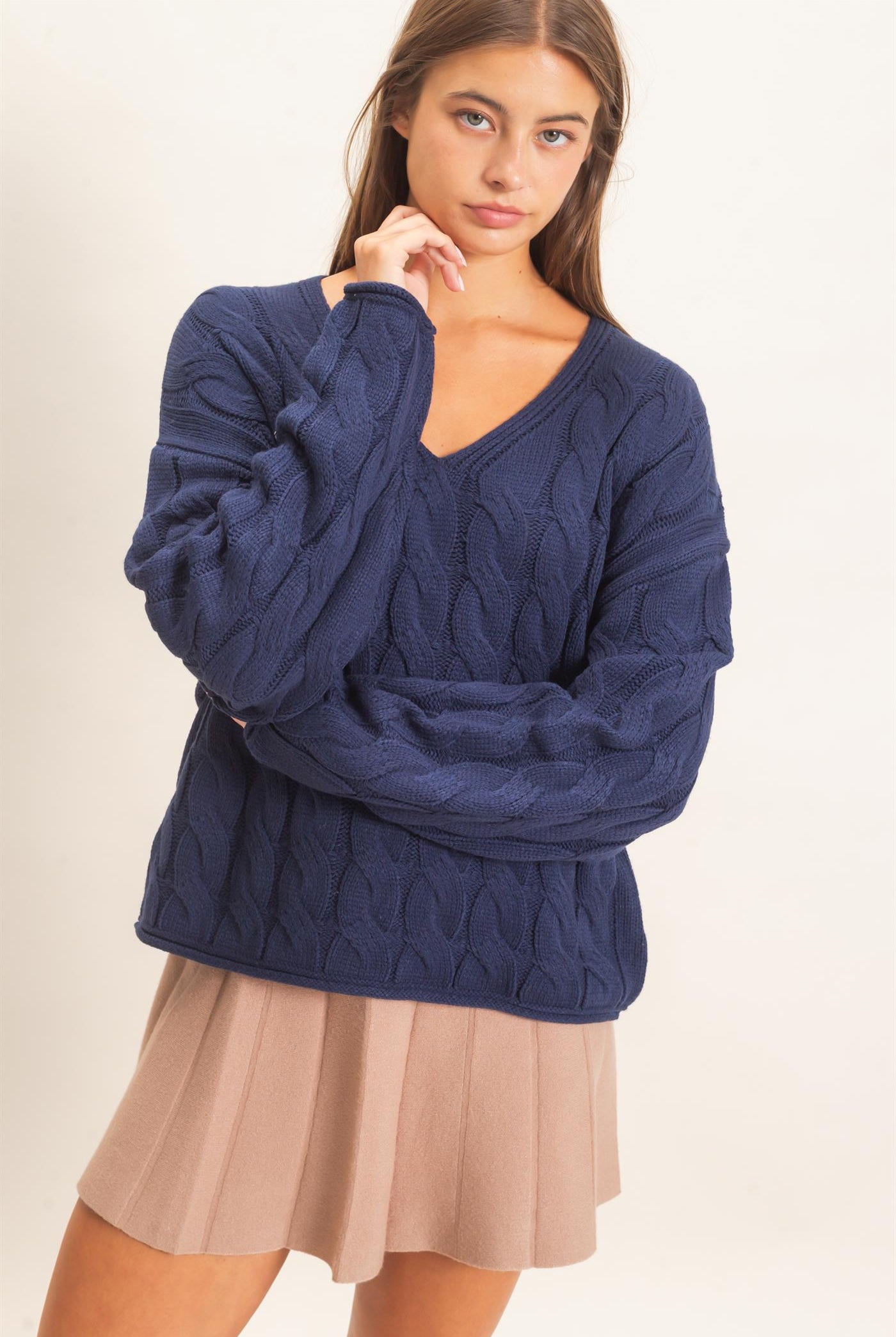 Wholesale Cable Knit V-Neck Sweater Sweaters DZ26E087 NAVY DOUBLE ZERO