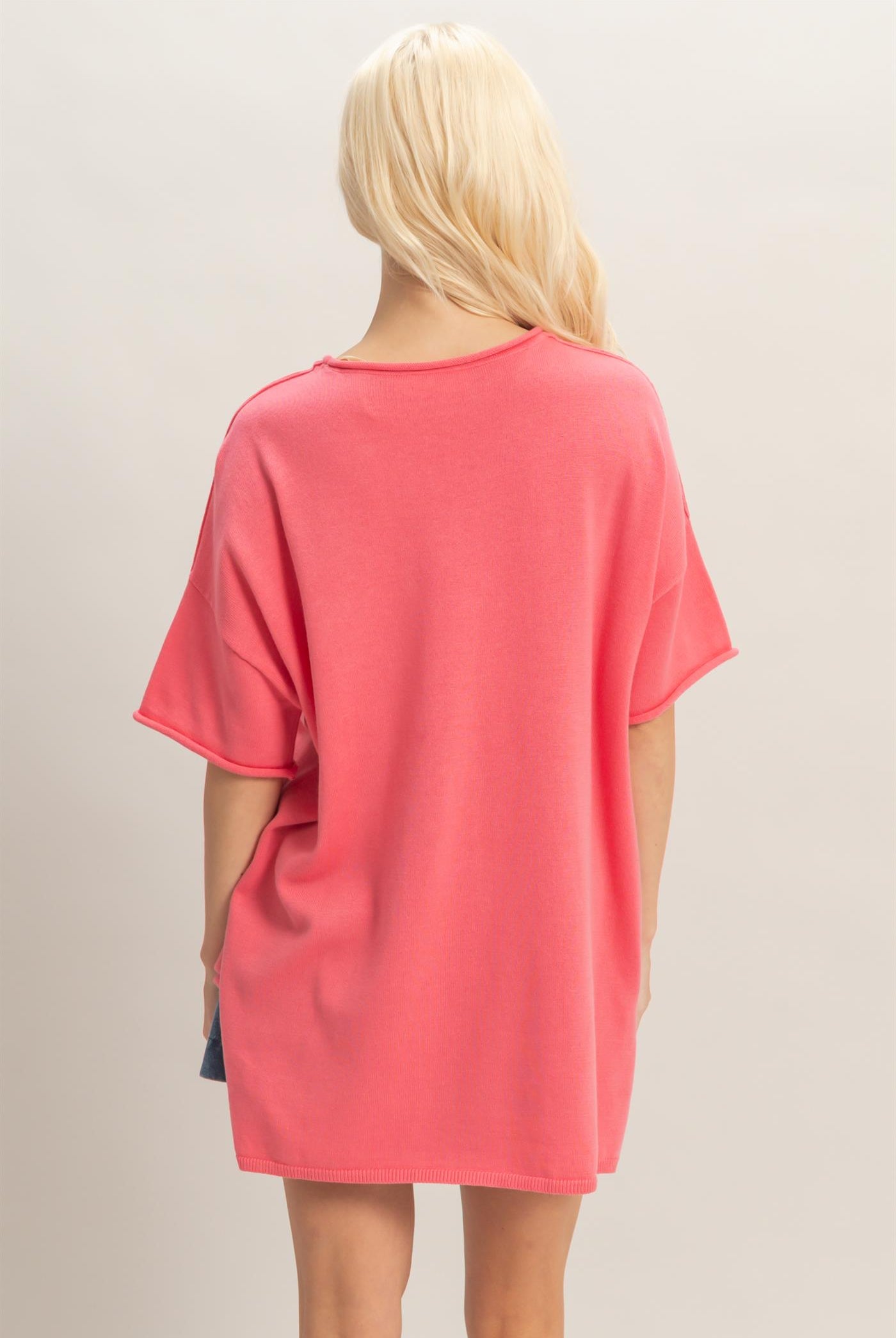 Wholesale Oversized Short Sleeve Round Neck Pocket Knit Top Clothing Tops DZ26A691 TAFFY PINK DOUBLE ZERO