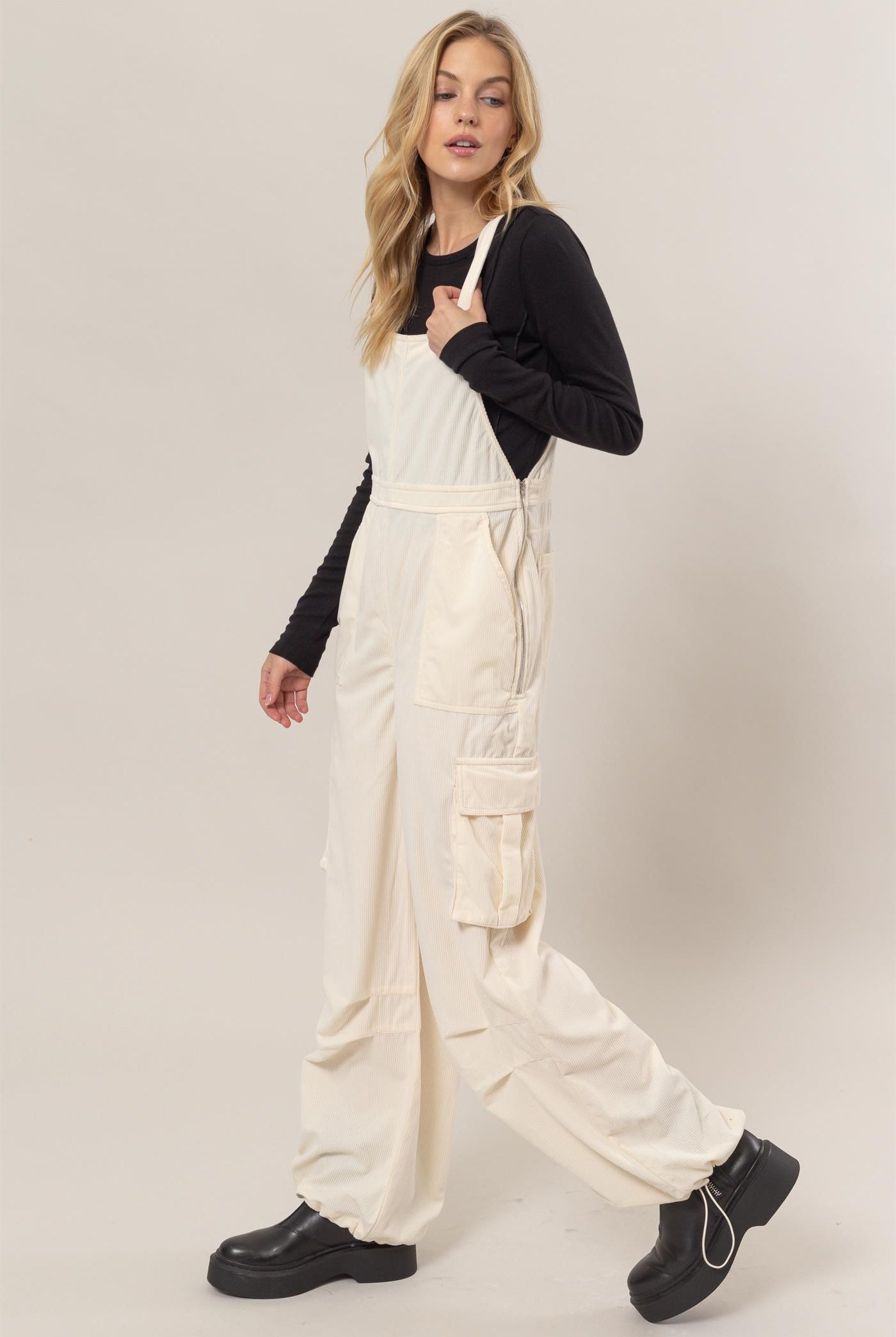 Wholesale Corduroy Cargo Overalls Clothing HF24F288 CREAM HYFVE