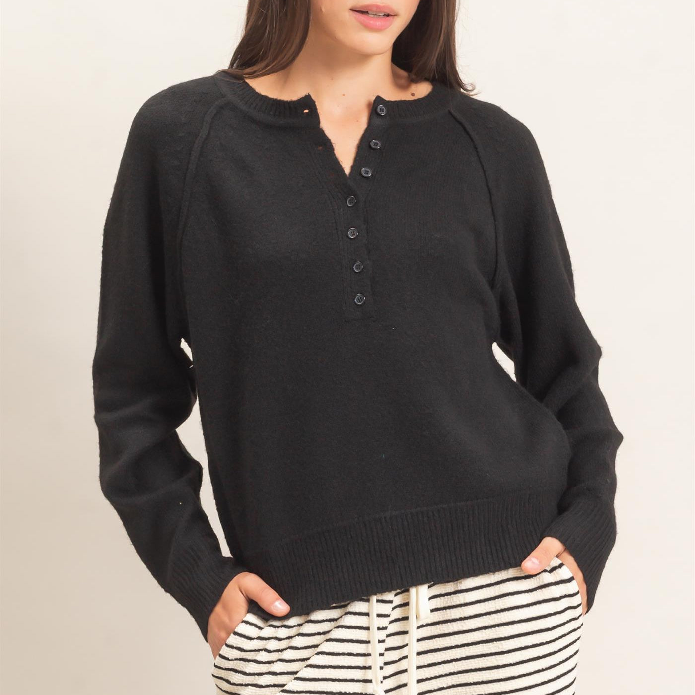 Wholesale Button Front Raglan Sweater Sweaters HF26E152 BLACK HYFVE