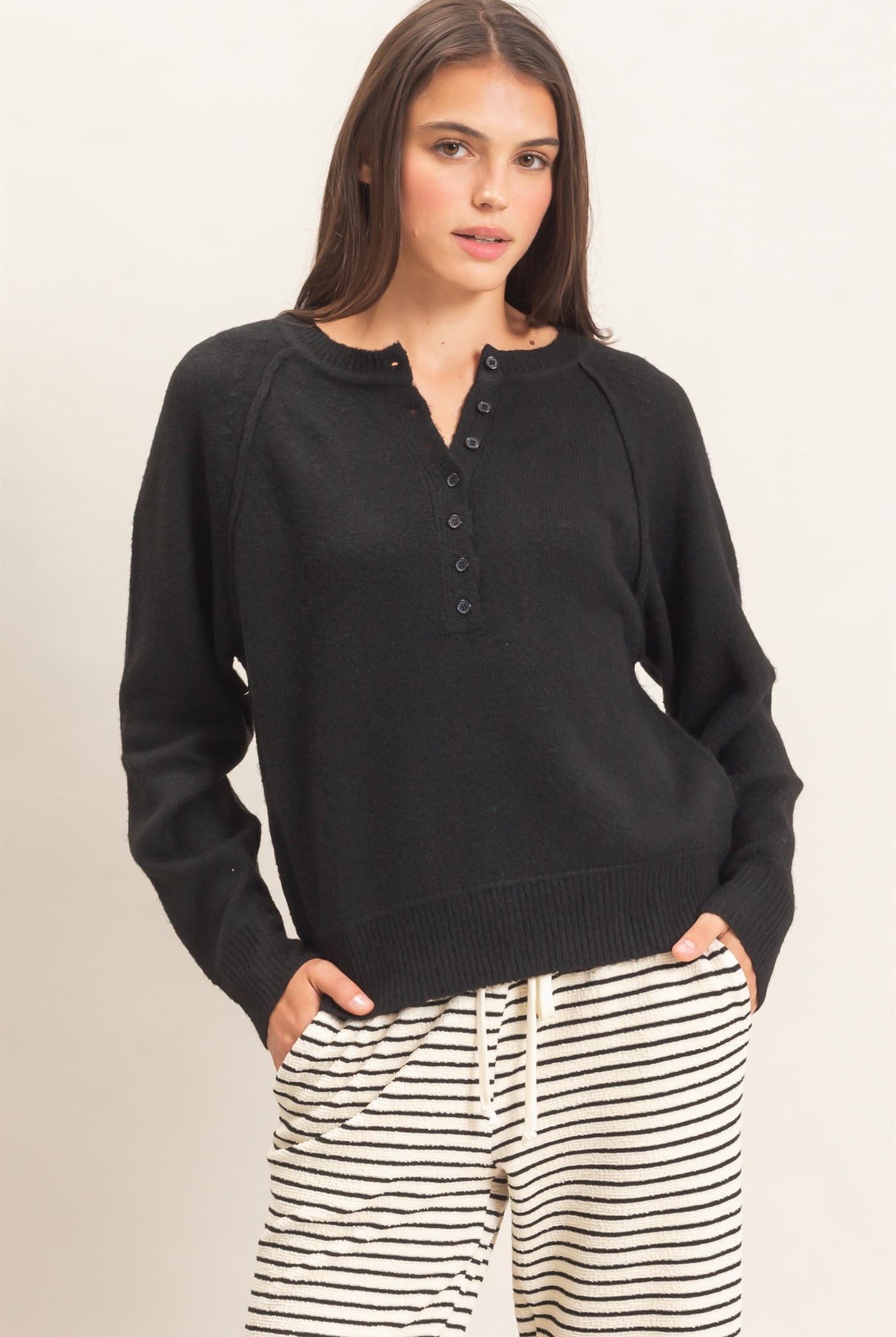 Wholesale Button Front Raglan Sweater Sweaters HF26E152 BLACK HYFVE