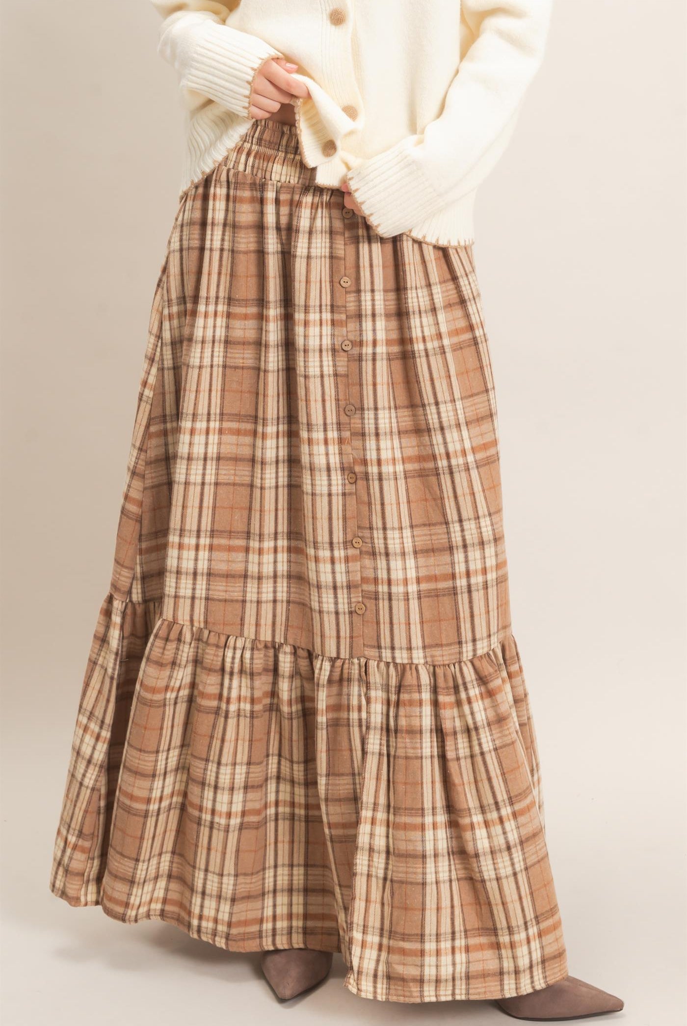 Wholesale Plaid Tiered Ruffle Skirt Skirts HF26E173 MOCHA HYFVE