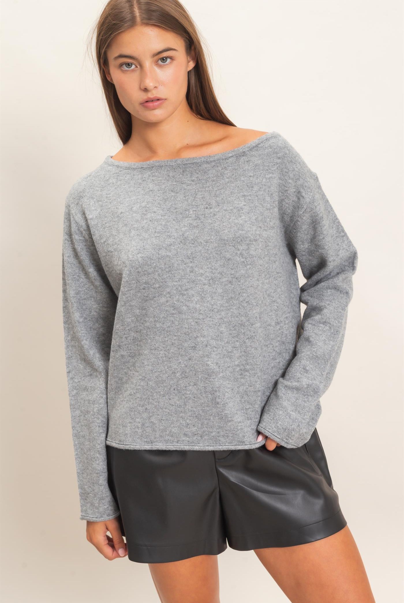 Wholesale Off The Shoulder Sweater Sweaters DZ26E652 HEATHER GRAY DOUBLE ZERO
