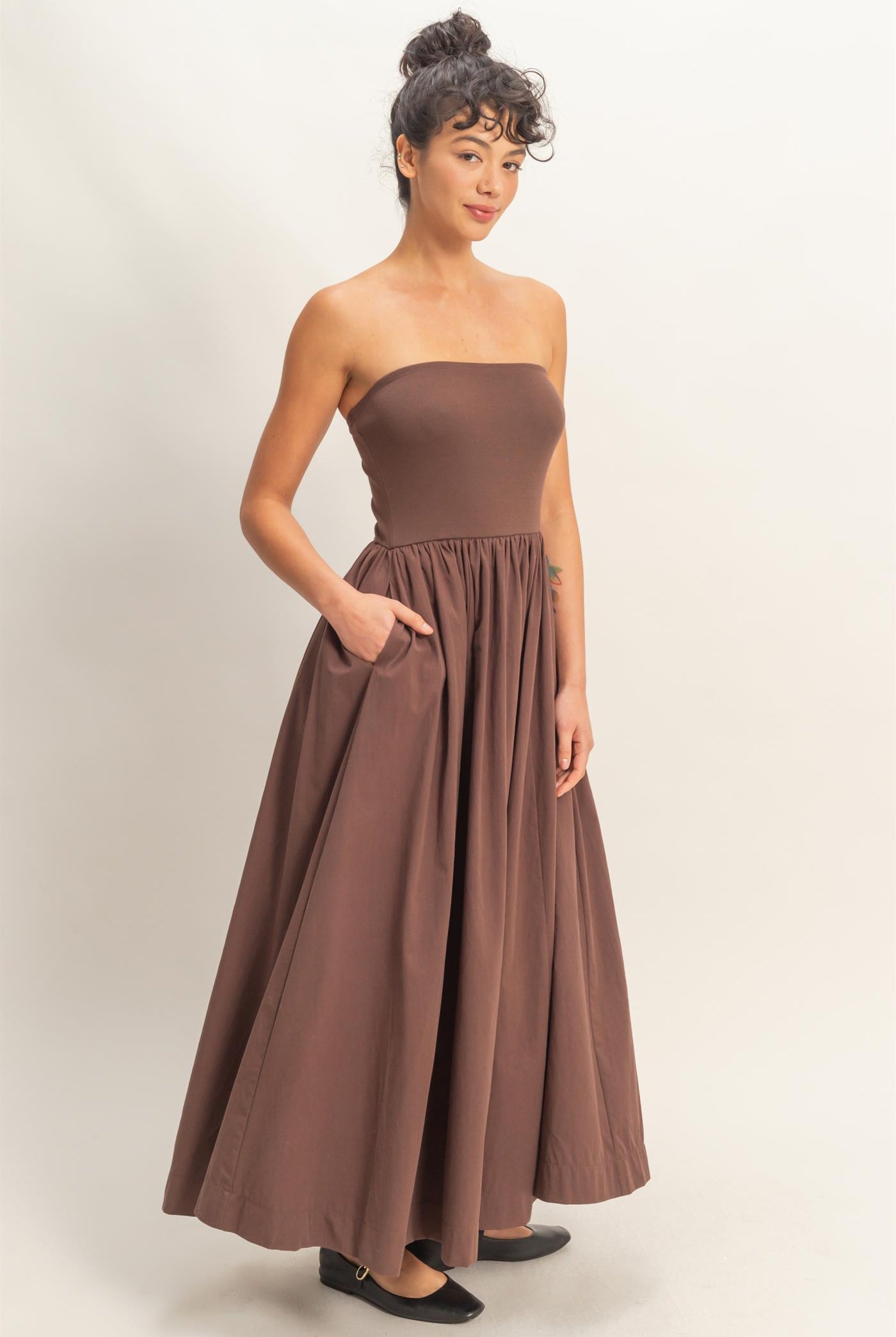 Wholesale Strapless Flowy Midi Dress Dresses DZ26A744 CHOCOLATE DOUBLE ZERO
