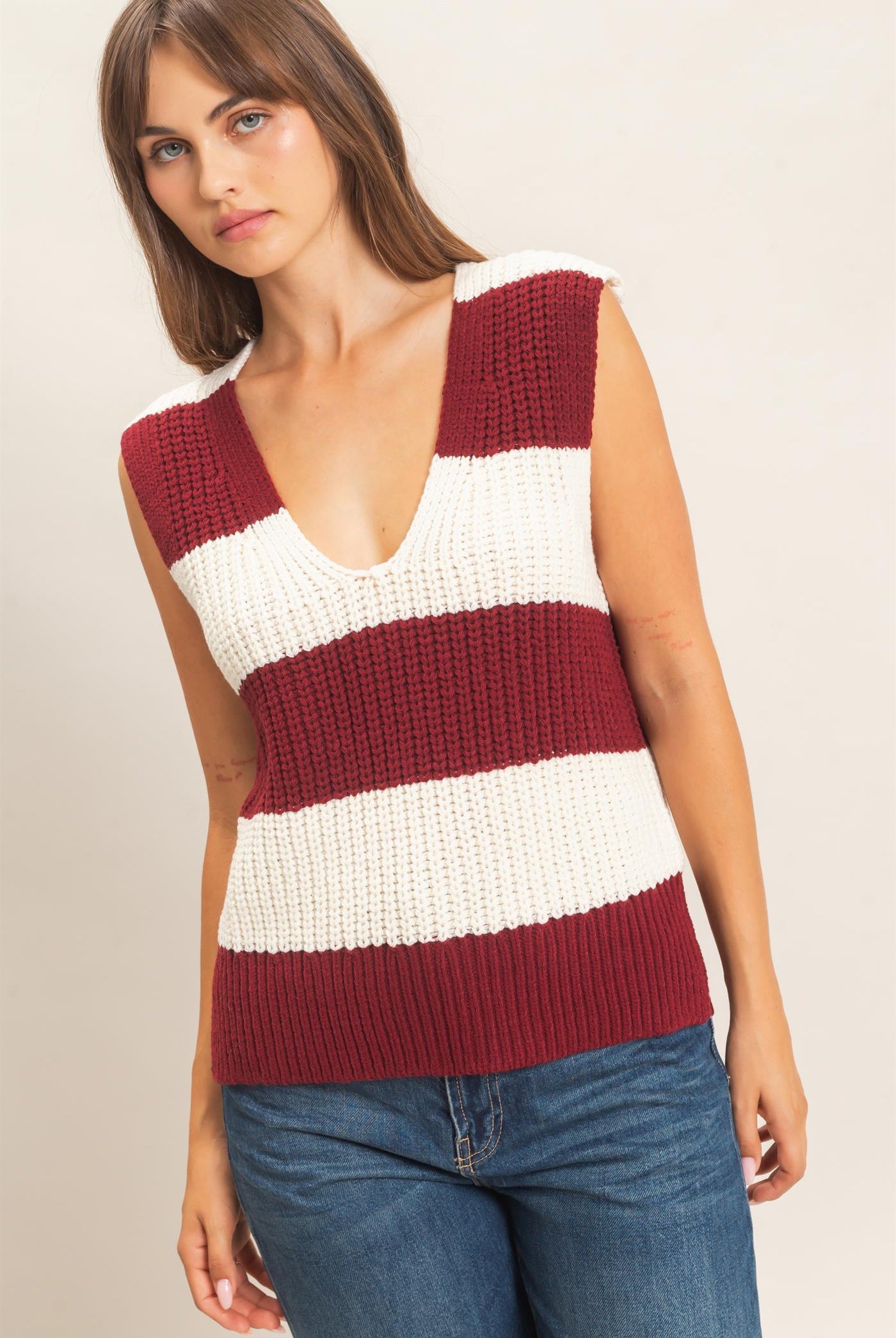 Wholesale V-Neck Striped Sweater Vest Sweaters HF26E482-D BURGUNDY HYFVE