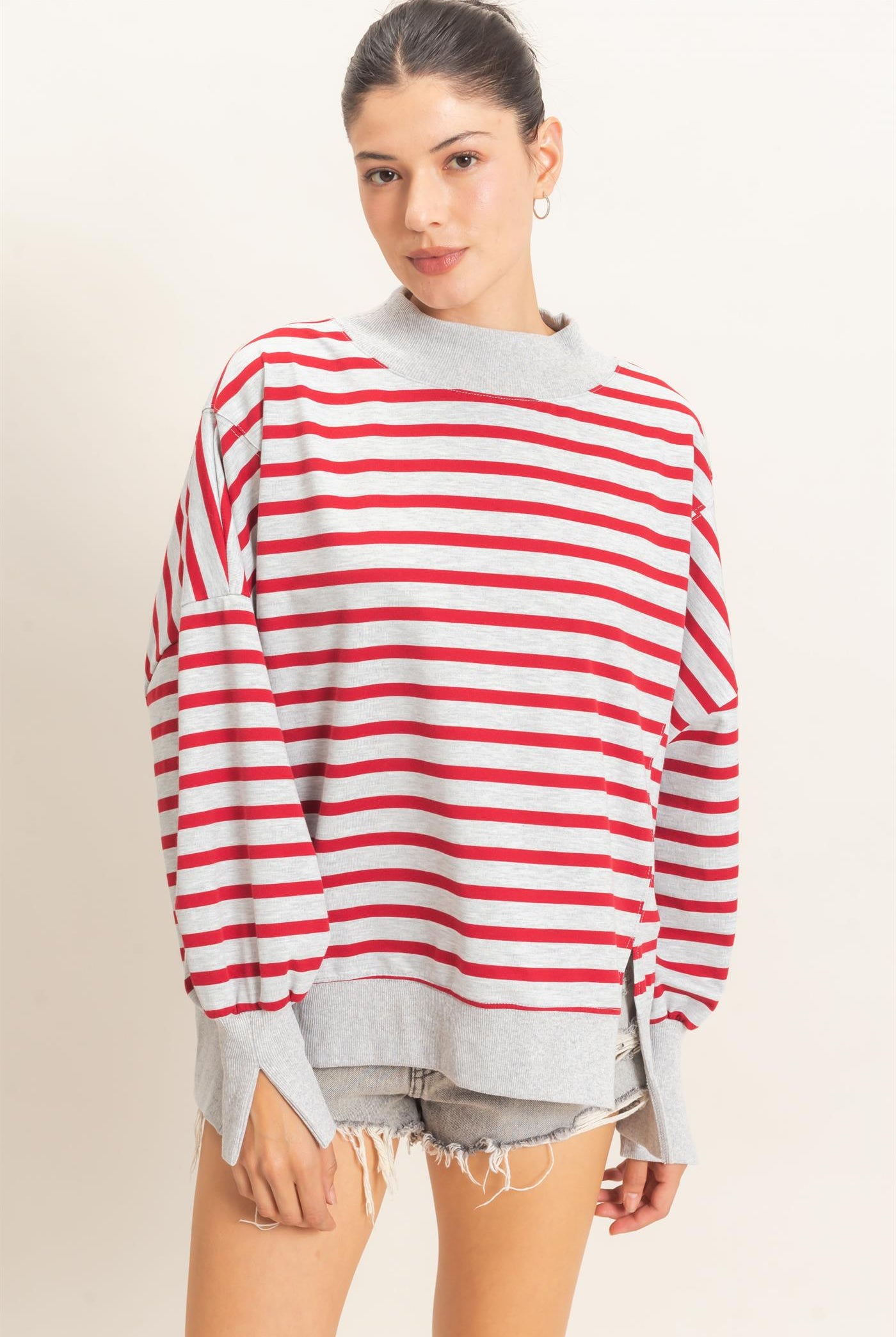 Wholesale Striped Mock Neck Sweatshirt Sweatshirts HF27A178-D H.GRAY/RED HYFVE