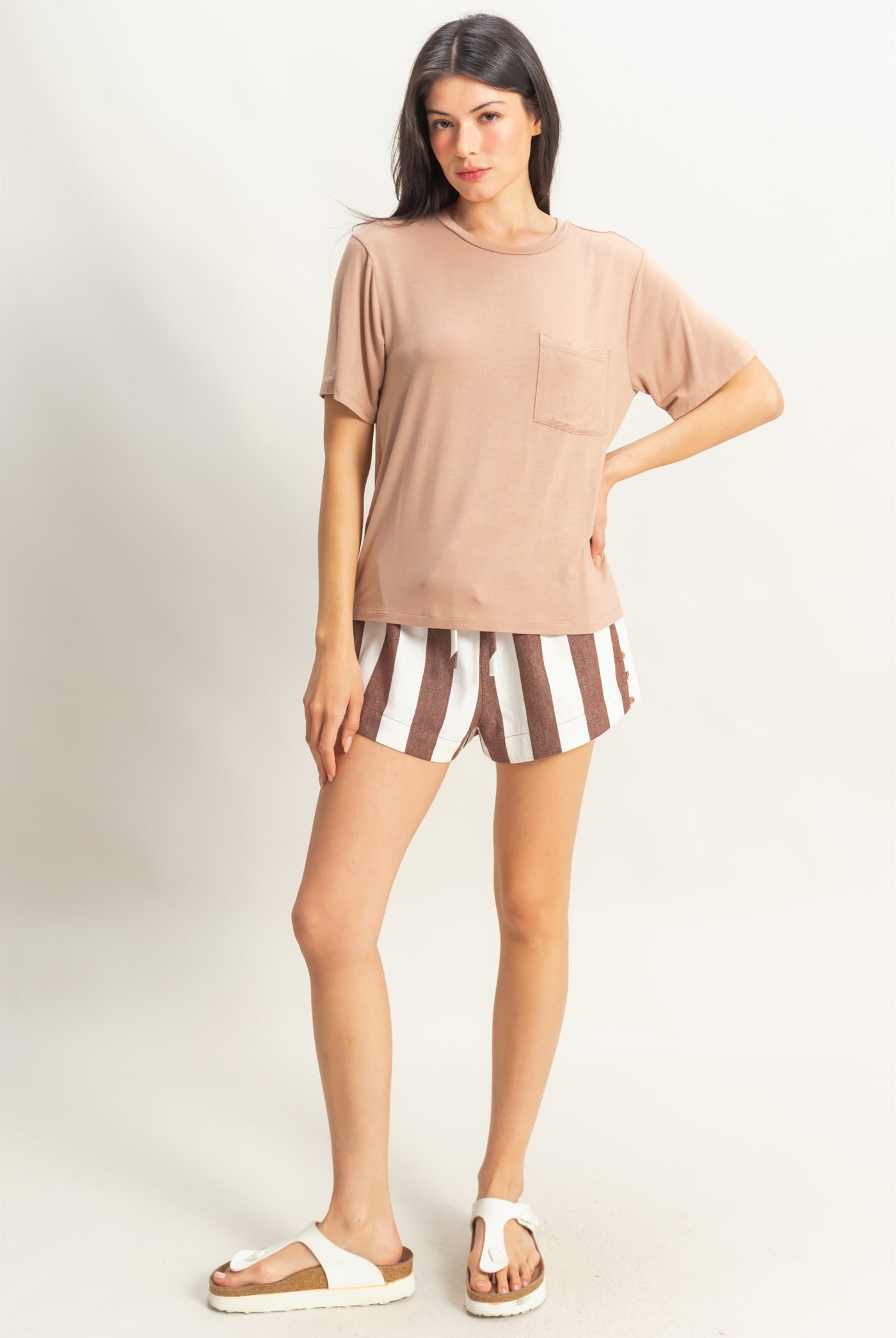 Wholesale Basic Oversized Pocket Tee Clothing Tops DZ25E309 DARK TAUPE DOUBLE ZERO