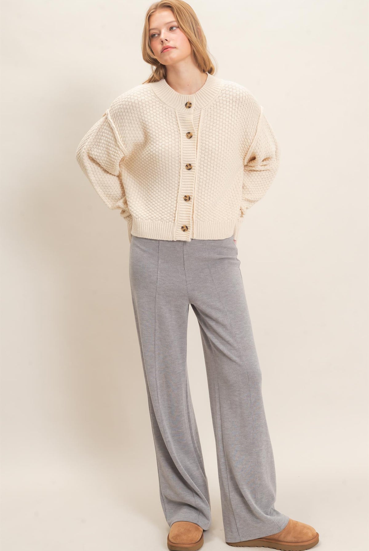 Wholesale Textured Knit Button-Front Cardigan Cardigans HF26C409 IVORY HYFVE