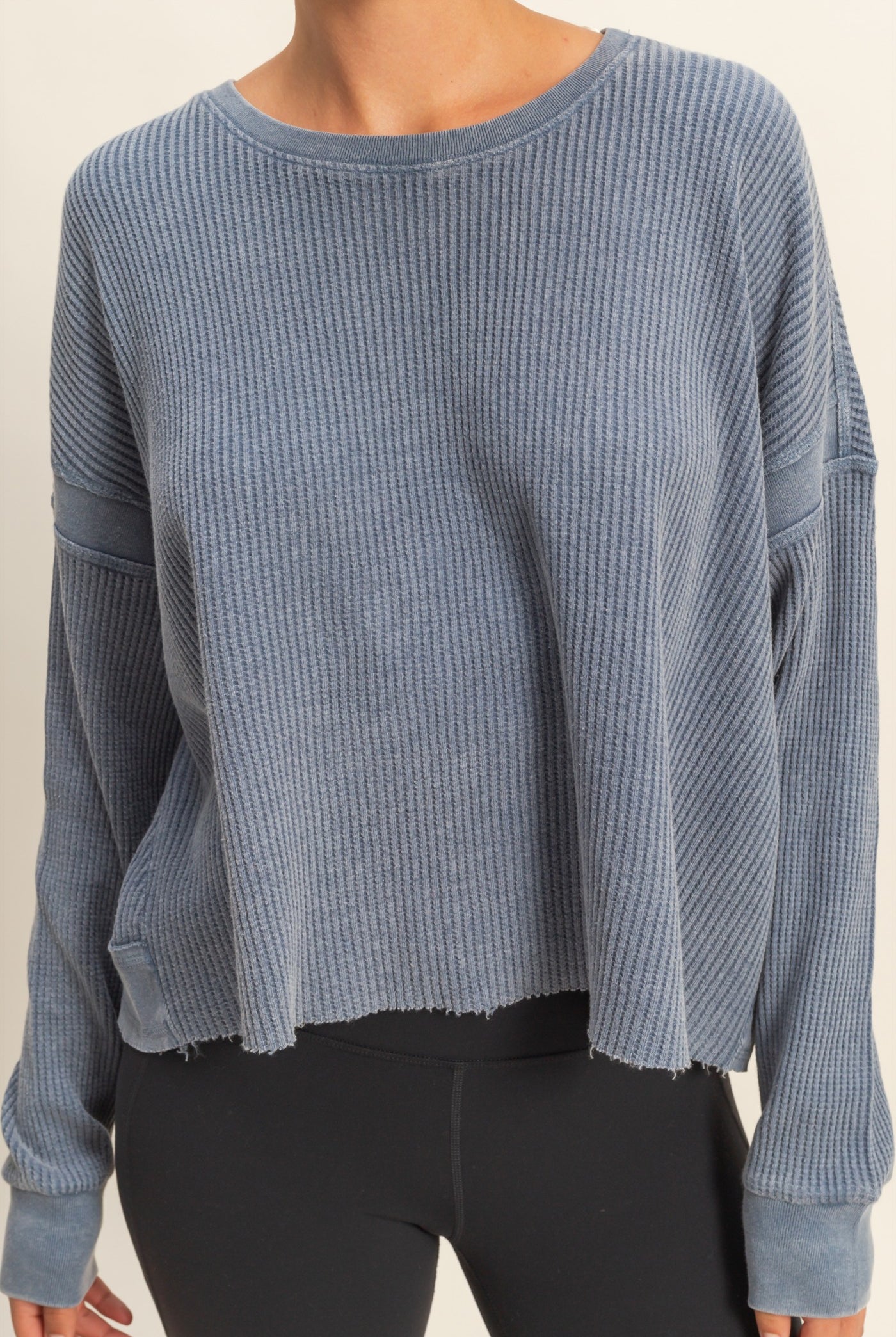 Wholesale Open Back Textured Knit Long Sleeve Top Clothing Tops DZ26A626 DUSTY NAVY DOUBLE ZERO