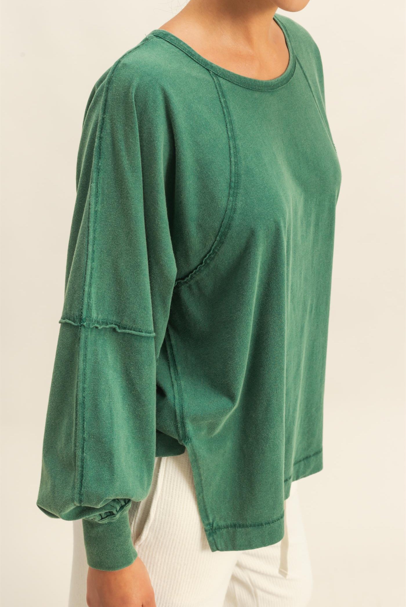 Wholesale Washed Oversized Long Sleeve Top With Slit Clothing Tops DZ25C921 DARK GREEN HYFVE