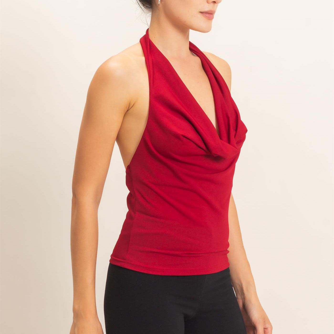 Wholesale Cowl Halter Neck Top Clothing Tops HF26E408 DARK RED HYFVE
