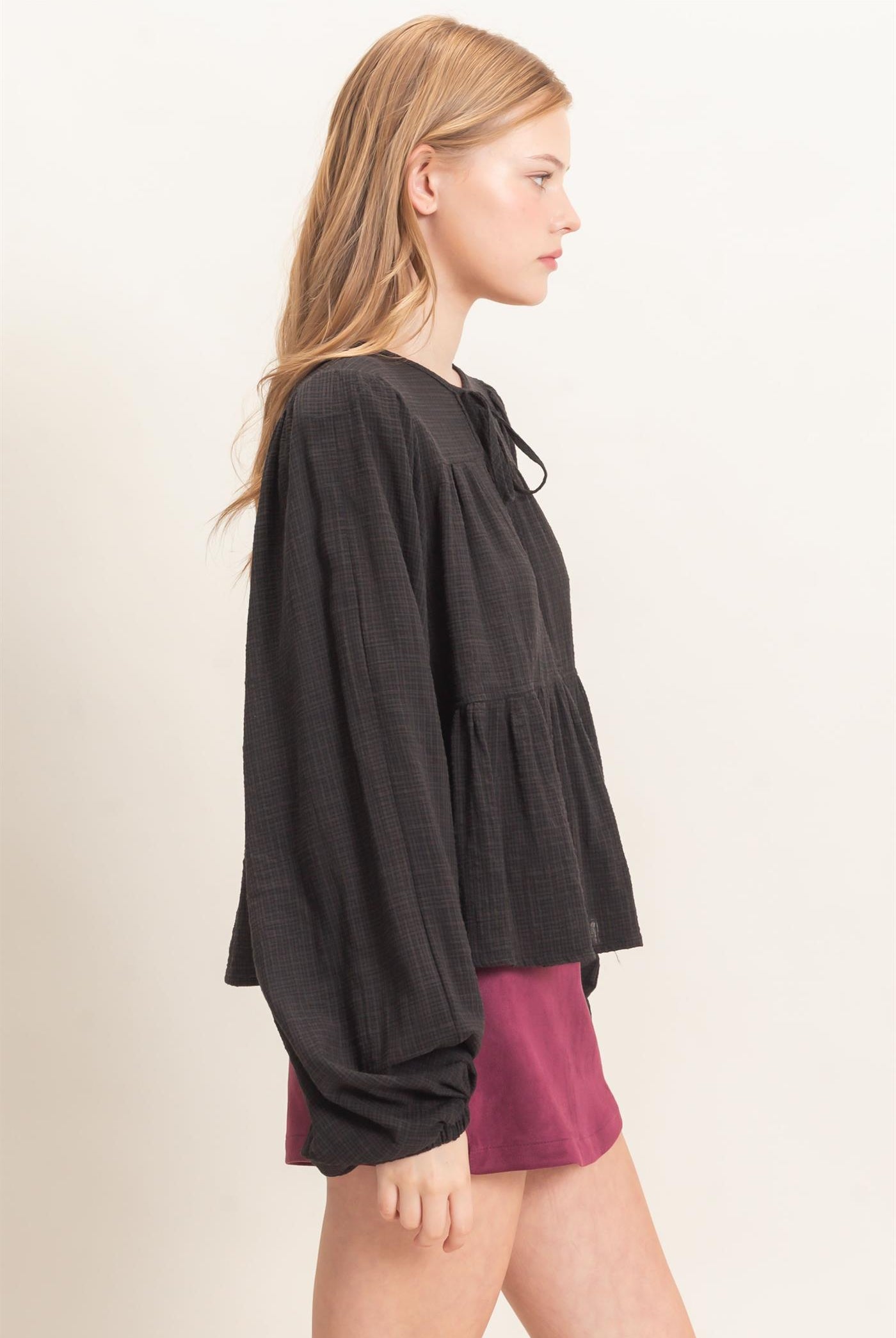 Wholesale Tie Front Peplum Blouse Blouses HF26F065 BLACK HYFVE